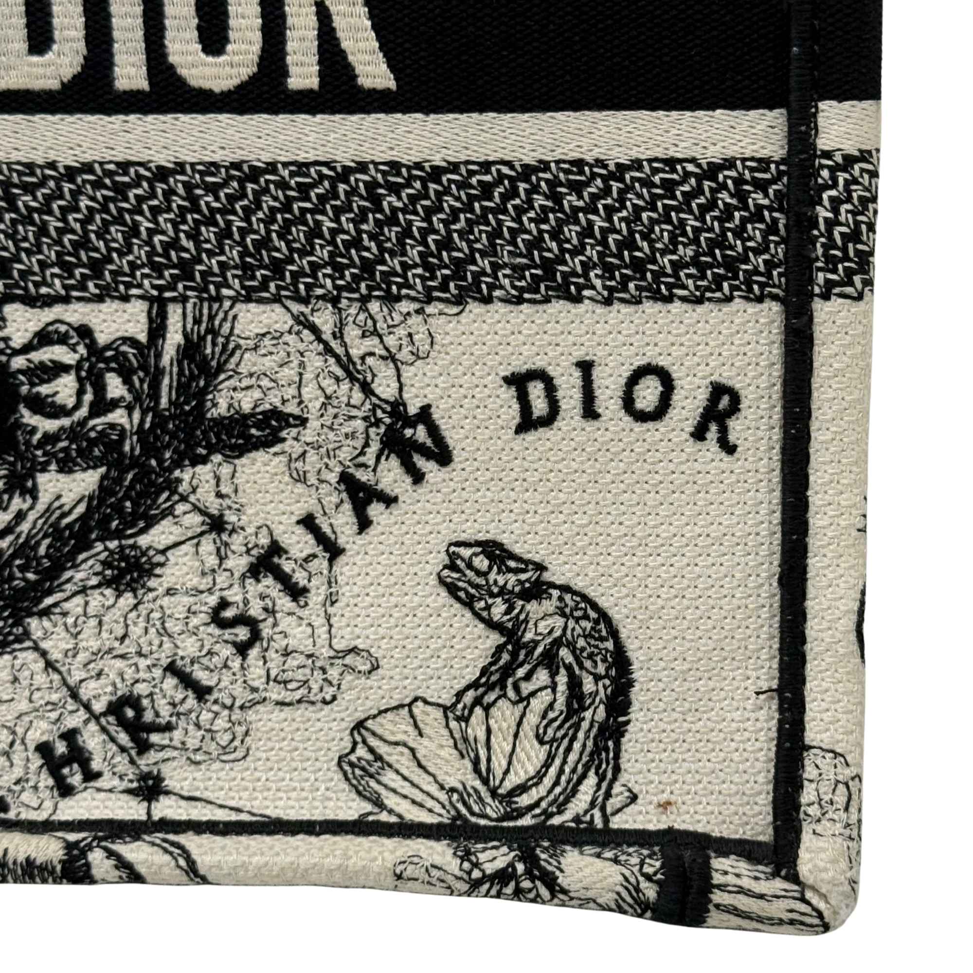 Dior canvas tote bag side panel with Dior logo print and black line artwork