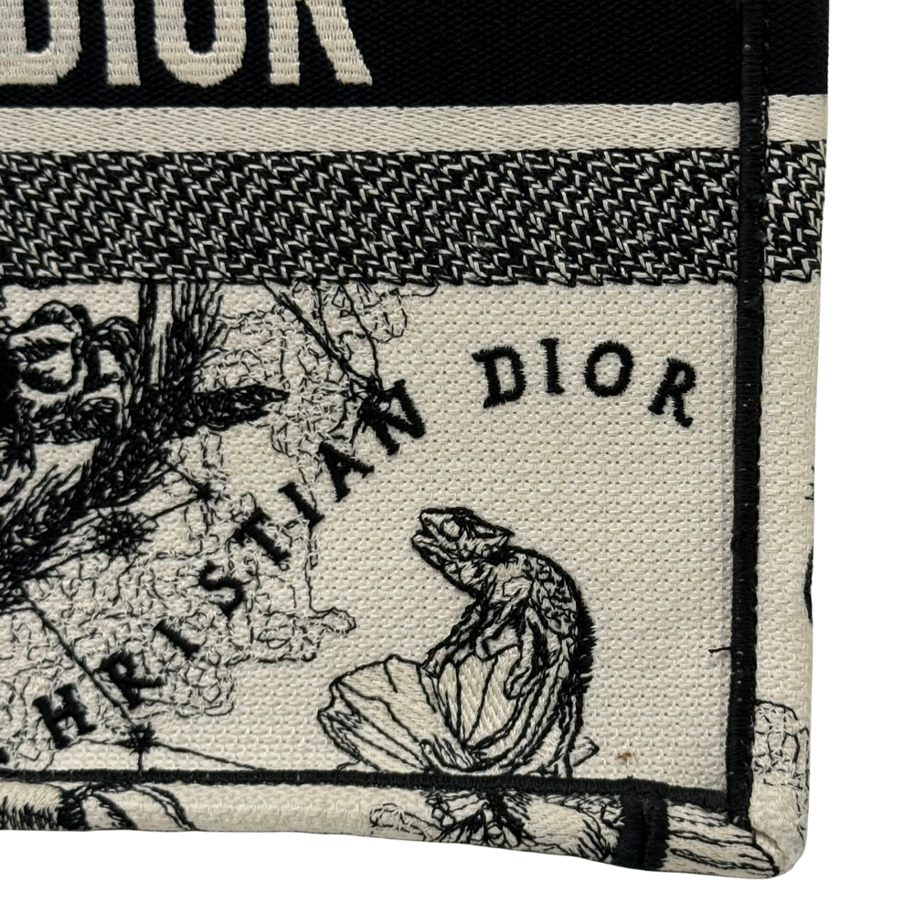 Dior canvas tote bag side panel with Dior logo print and black line artwork