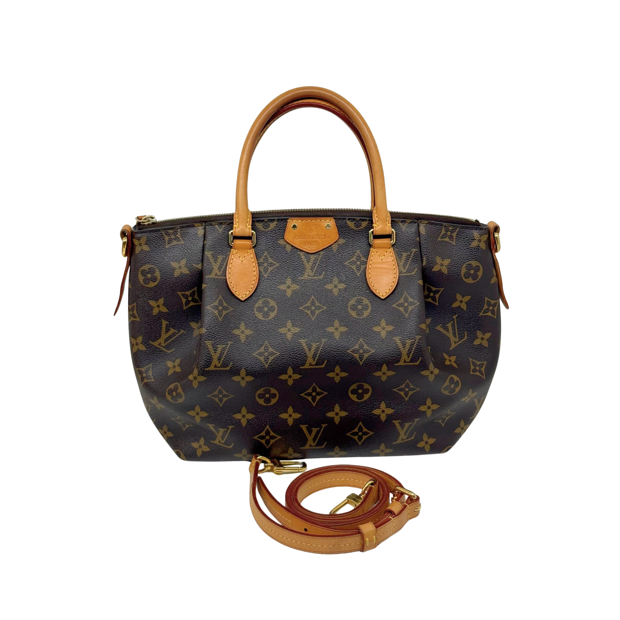 Louis Vuitton monogram handbag front with leather handles and crossbody strap