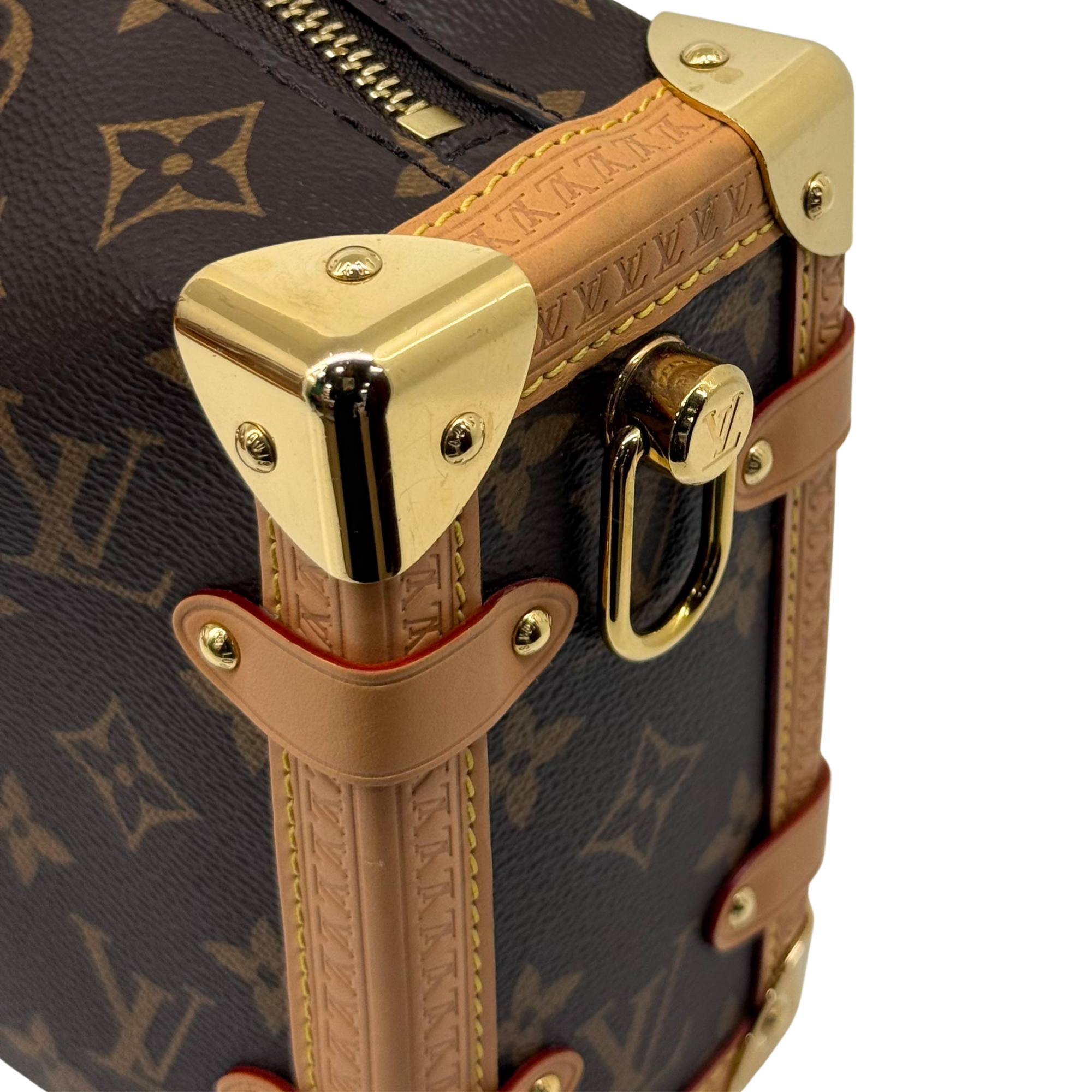 Louis Vuitton monogram handbag corner detail with gold-tone hardware and tan trim