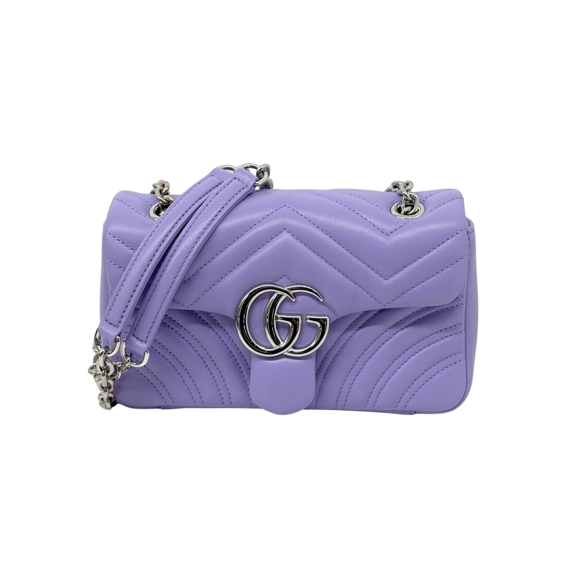 Lavender quilted crossbody bag with GG logo, top handle and chain strap