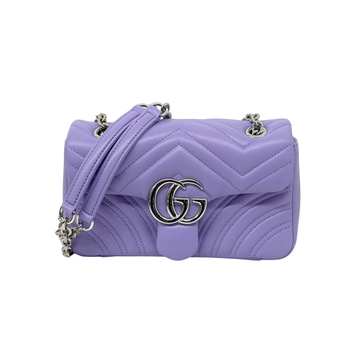 Lavender quilted crossbody bag with GG logo, top handle and chain strap