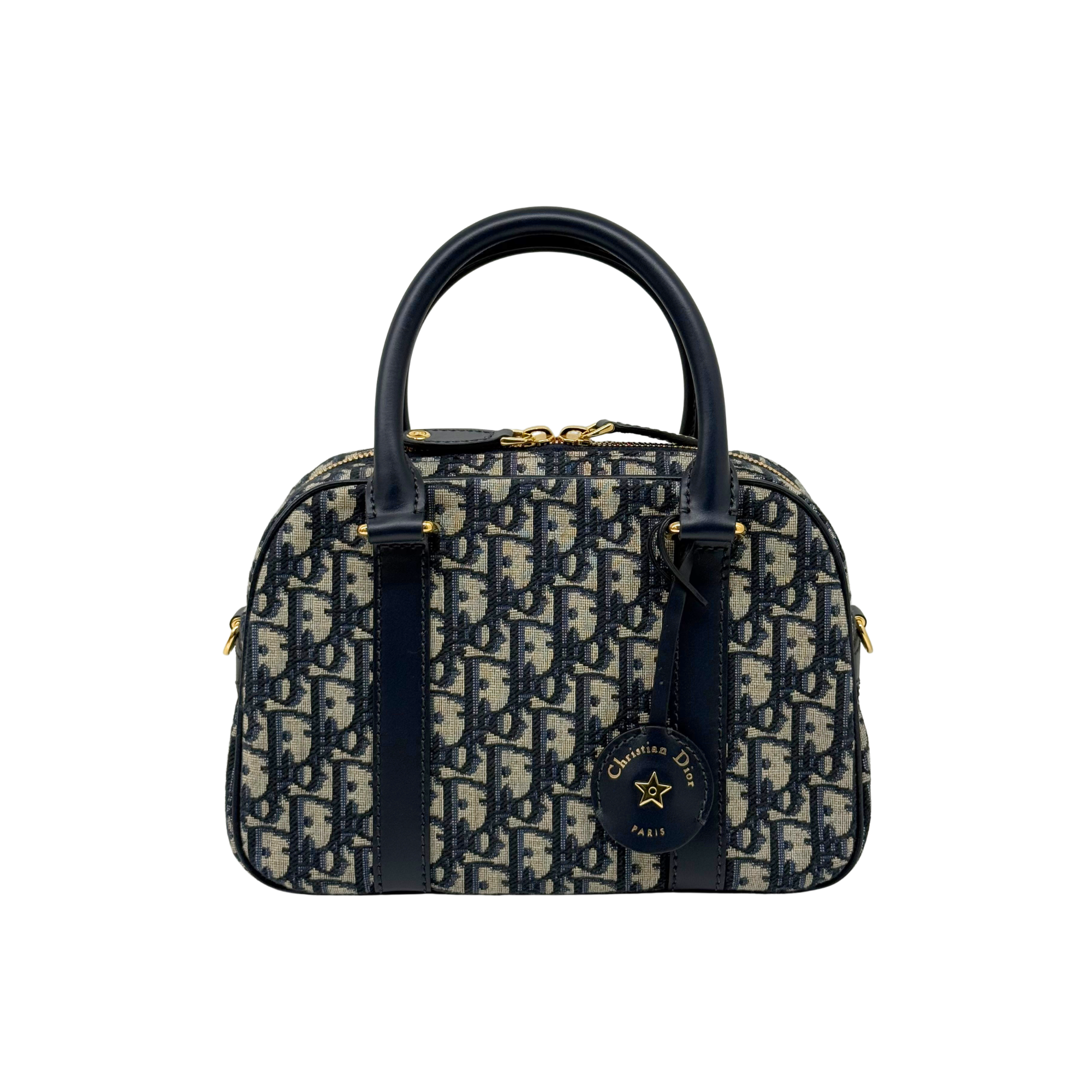 Dior monogram duffel bag with navy handles and side zip detailing, gold hardware