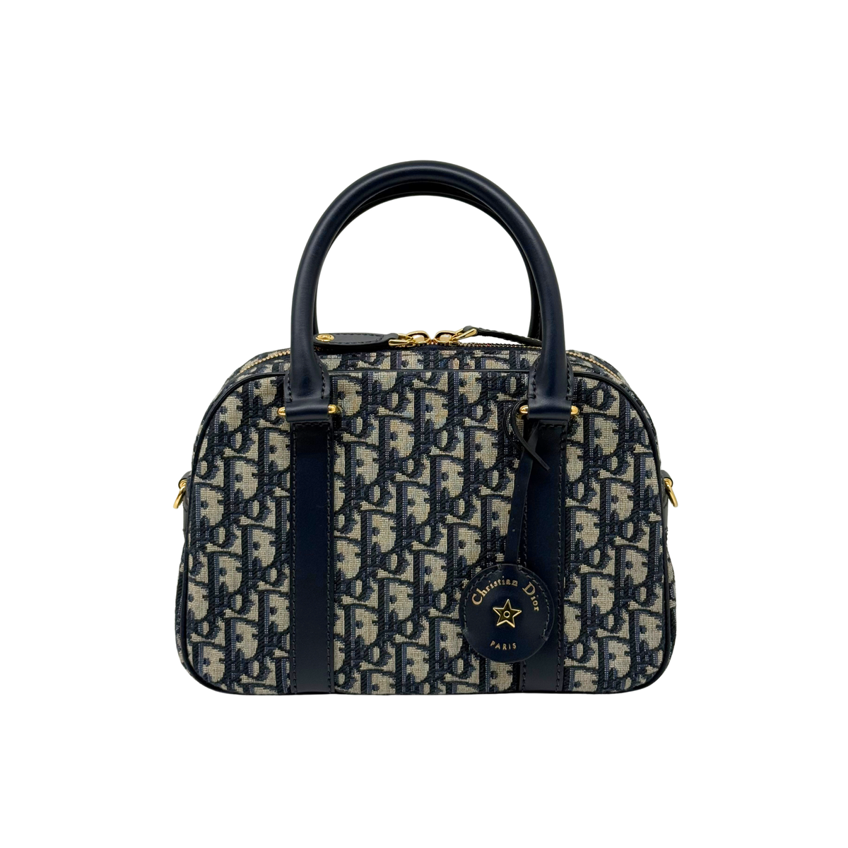 Dior monogram duffel bag with navy handles and side zip detailing, gold hardware