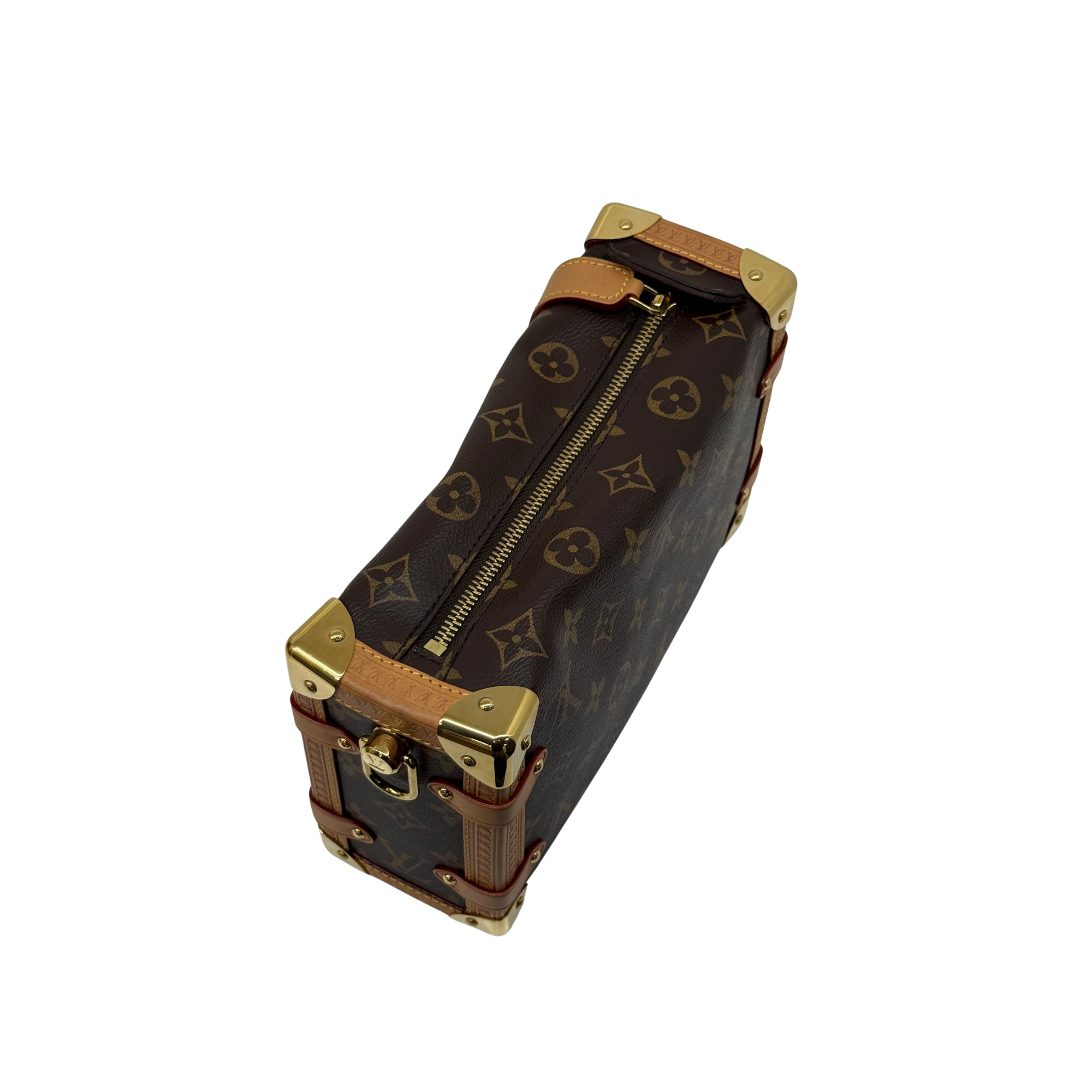 Louis Vuitton monogram handbag side view with zip closure and tan leather straps