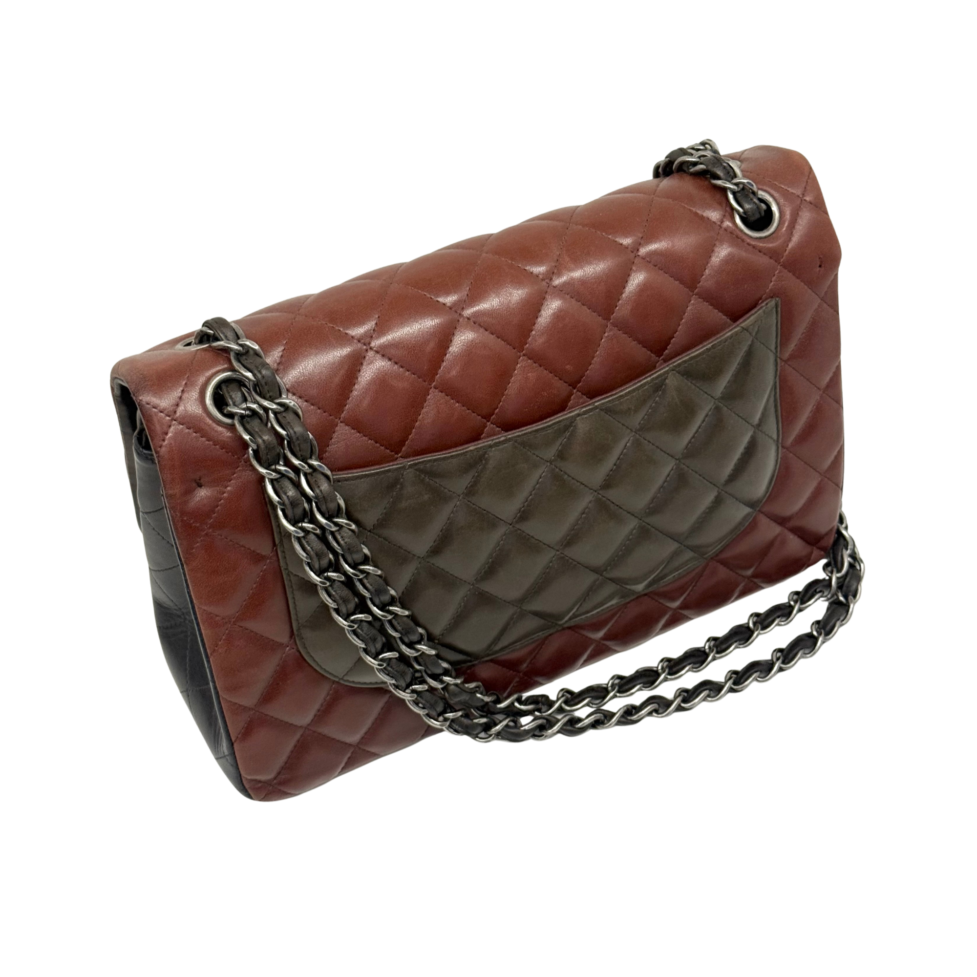 Chanel Paris-Edinburgh Classic Medium Burgundy Brown Black Lambskin Leather Double Flap Bag (pre-owned)