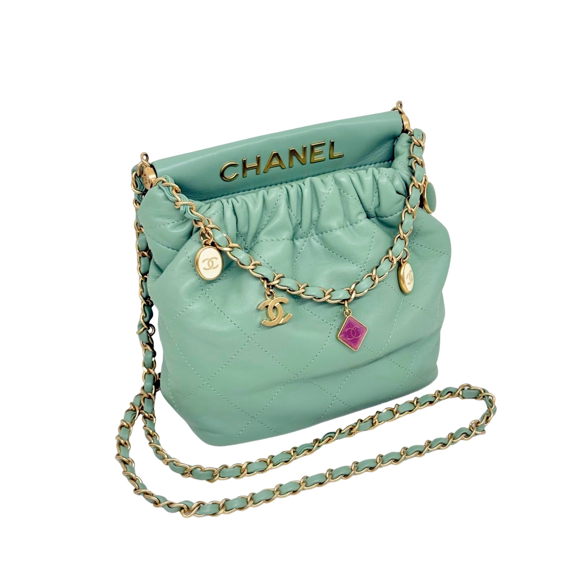 Chanel Lambskin Resin Quilted Small Bucket Bag Green (pre-owned)