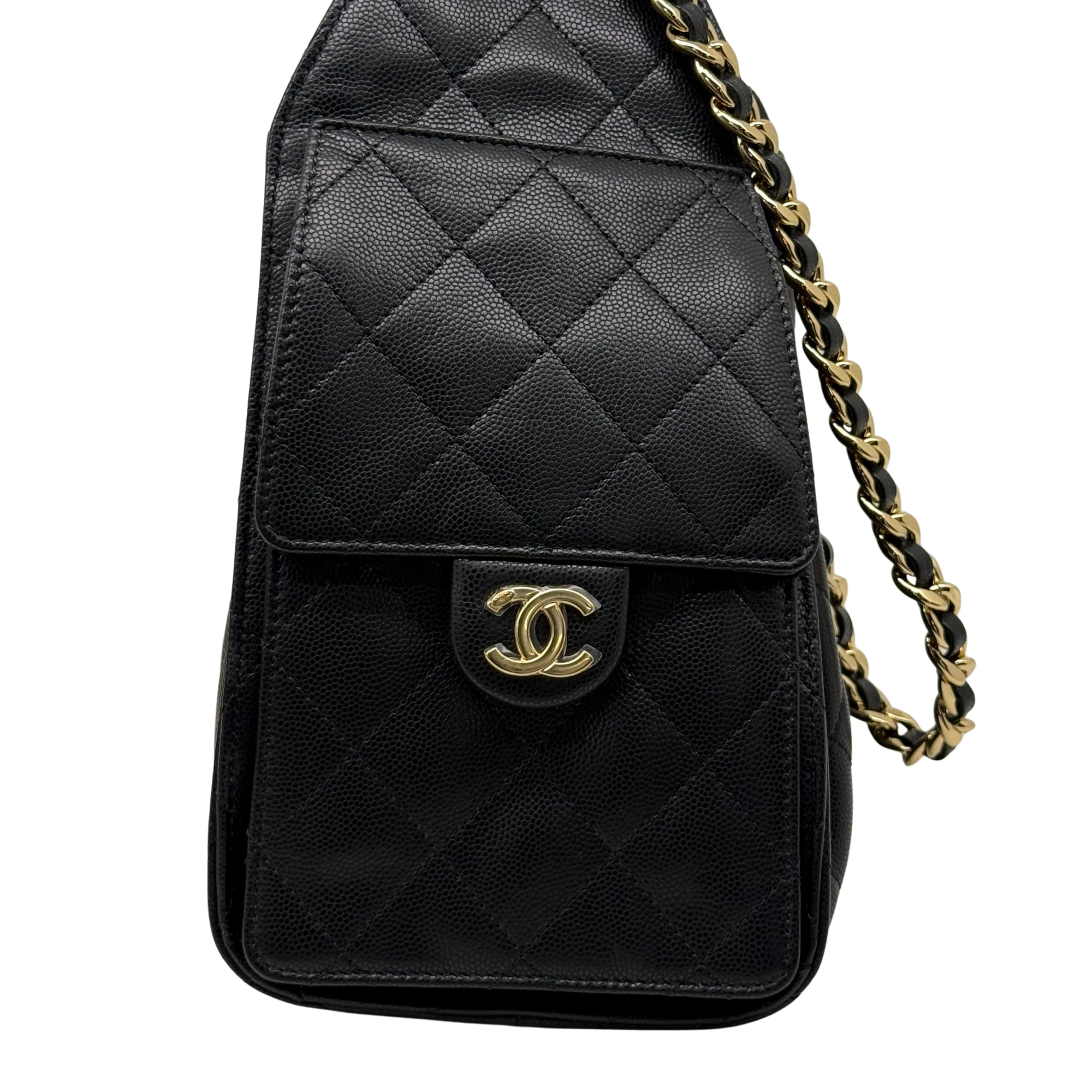 Black quilted mini handbag with gold CC logo on front and chain strap