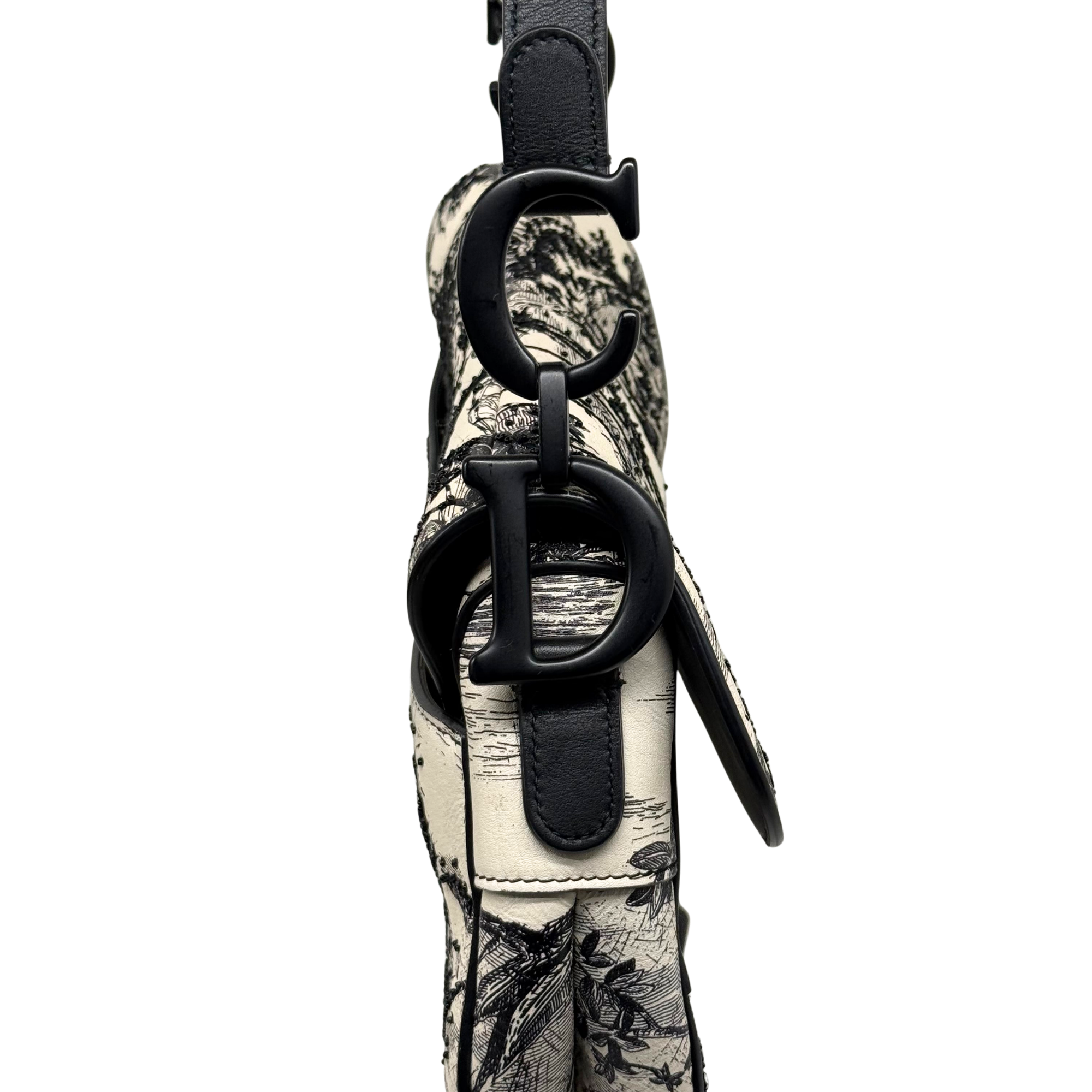 Christian Dior Calfskin Embroidered Palm Tree Toile De Jouy Saddle Bag White Black (pre-owned)