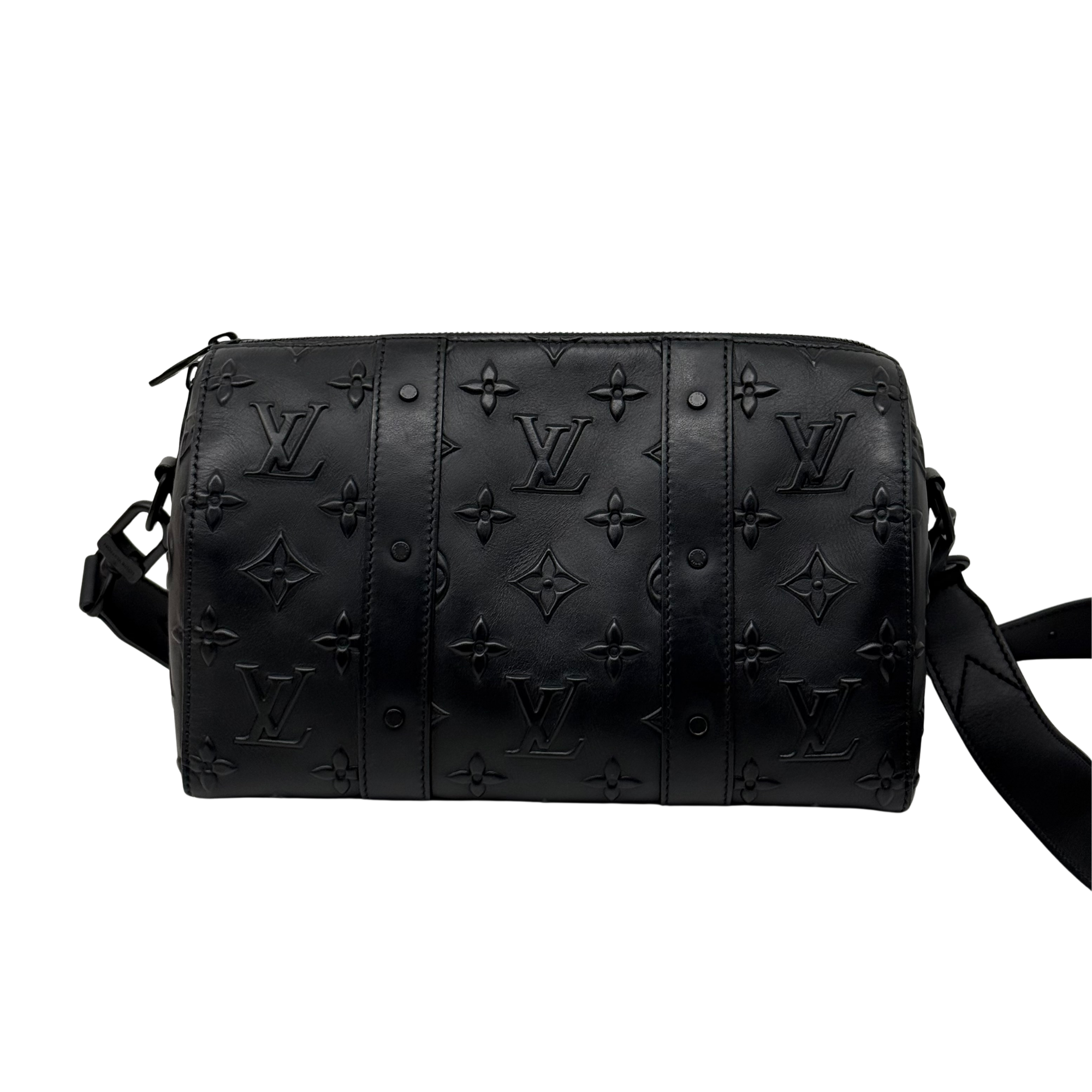Black Louis Vuitton monogram crossbody bag with shoulder strap, centered front view