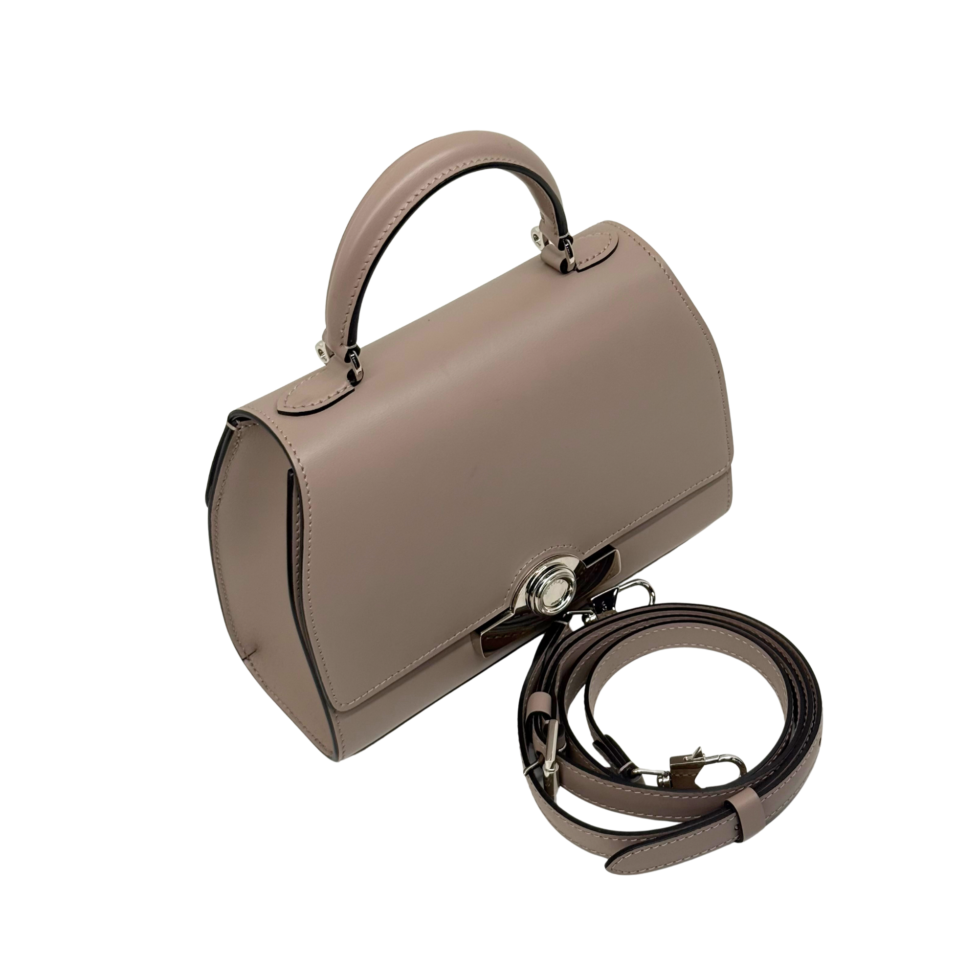 Moynat taupe leather top-handle bag with front flap clasp and detachable strap