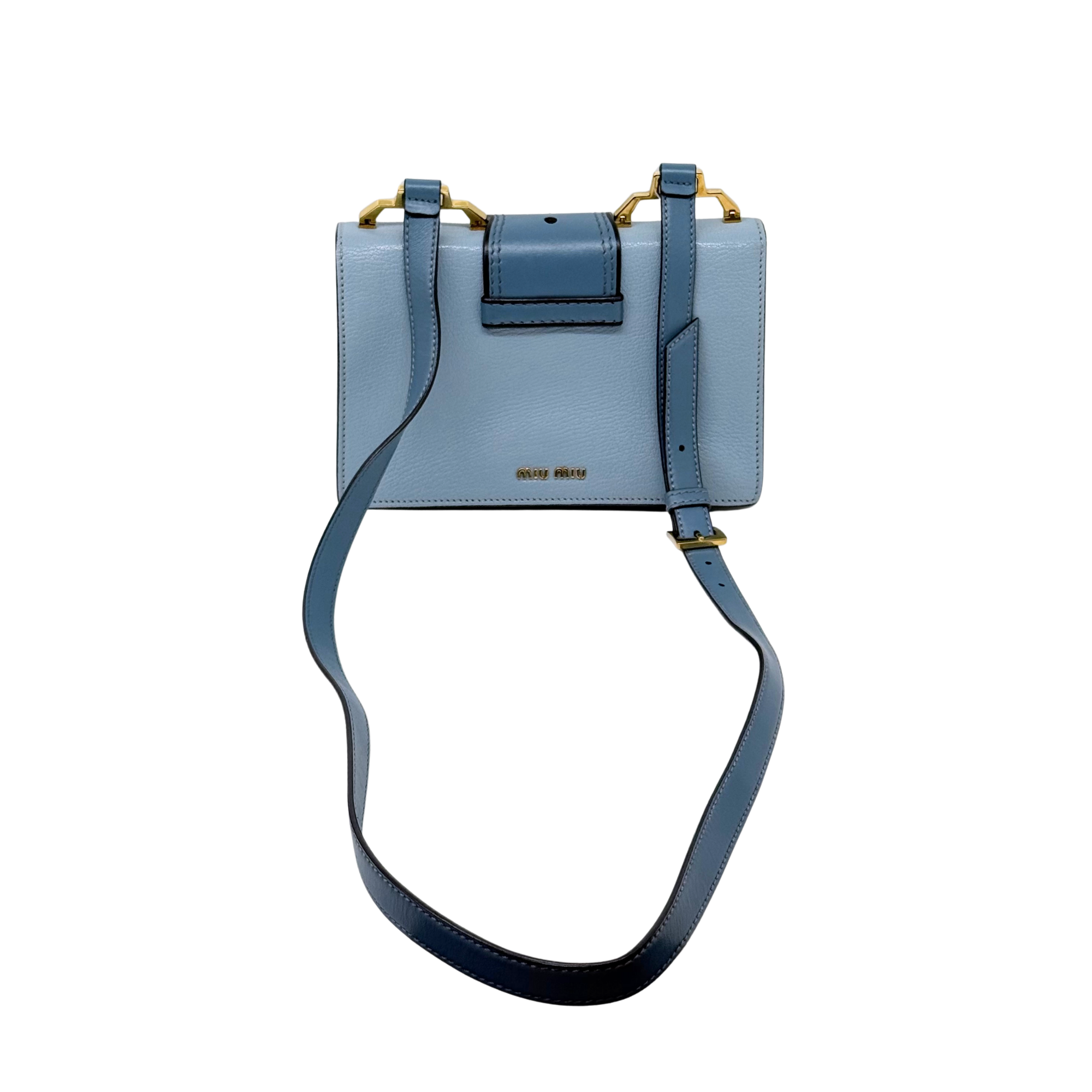 Pre-owned Miu Miu handbag, light blue leather with shoulder strap and gold hardware
