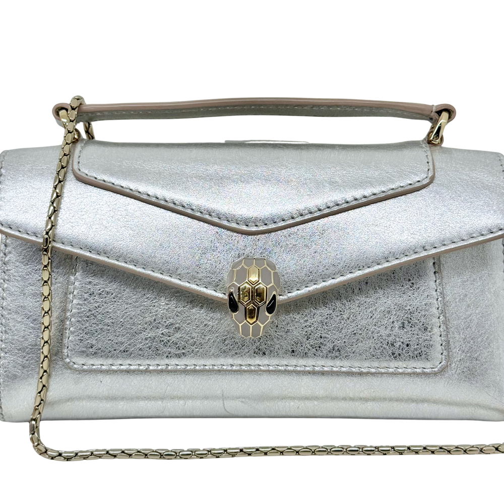 Pre-owned Bulgari silver metallic leather shoulder bag with gold-tone logo clasp and chain
