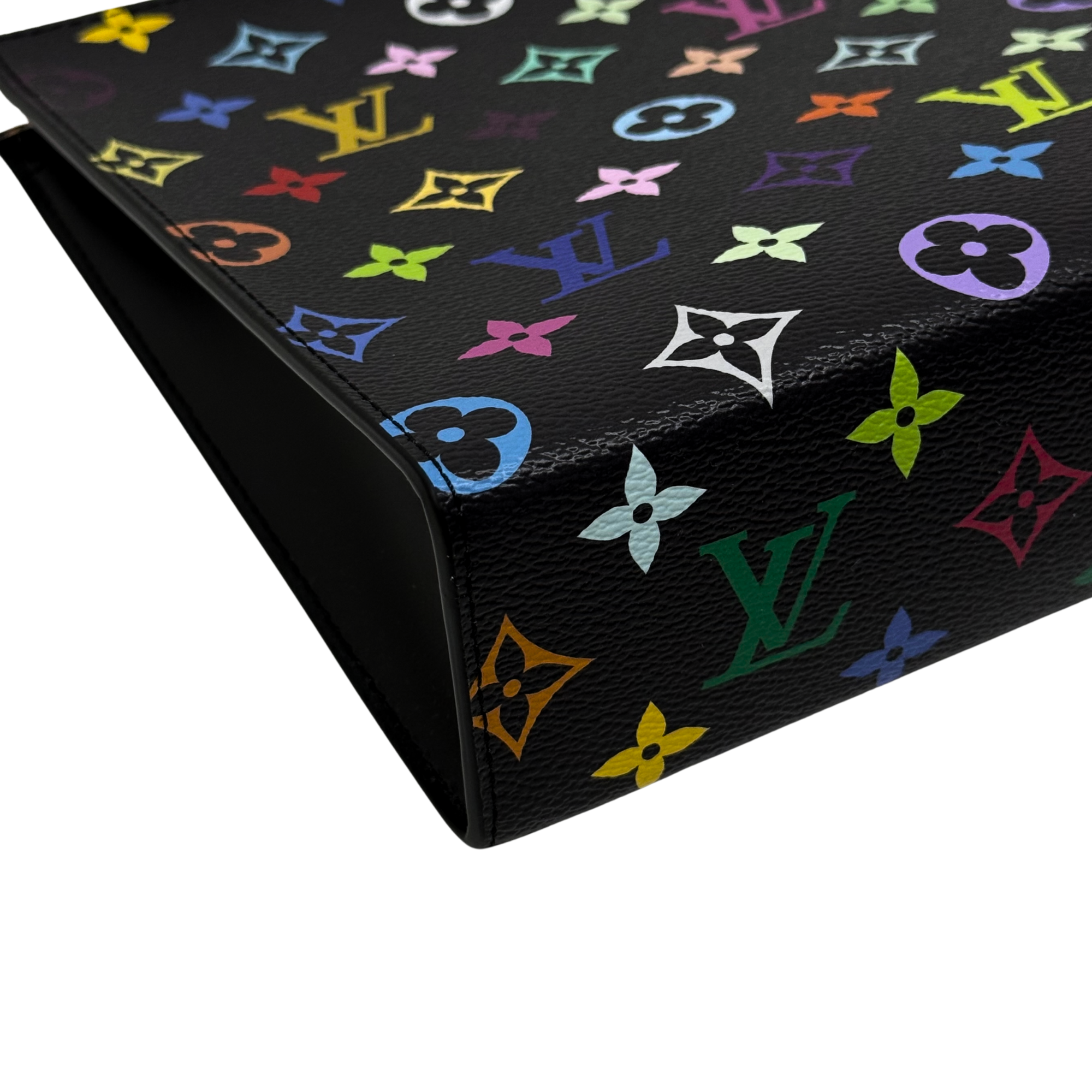 Louis Vuitton multicolor monogram leather pouch corner close-up with black edging