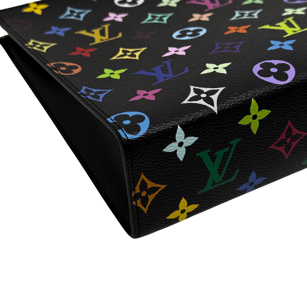 Louis Vuitton multicolor monogram leather pouch corner close-up with black edging