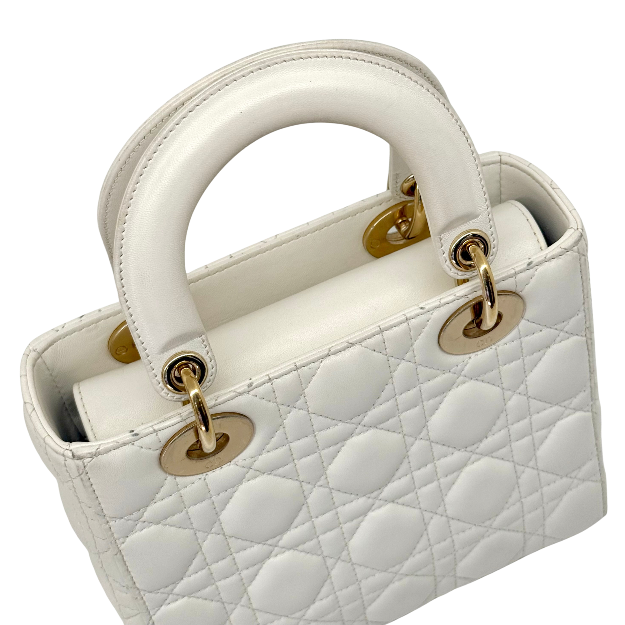 Dior Lady Dior Small White Cannage Lambskin Leather Top Handle Bag (pre-owned)
