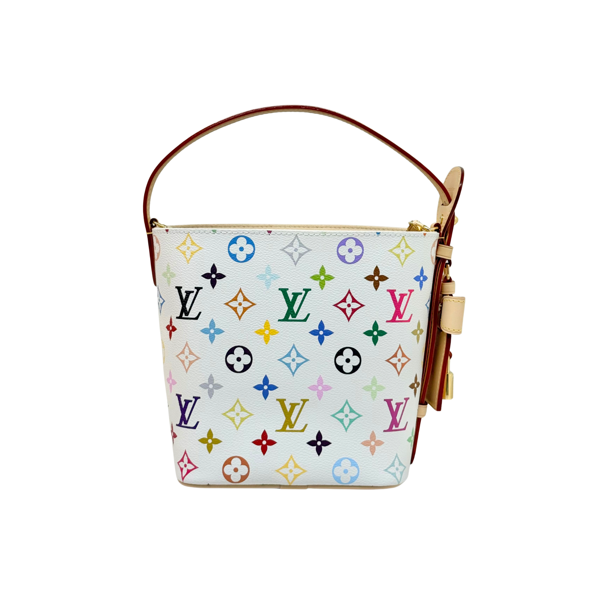 Louis Vuitton multicolor mini shoulder bag front view with tan handle and gold hardware