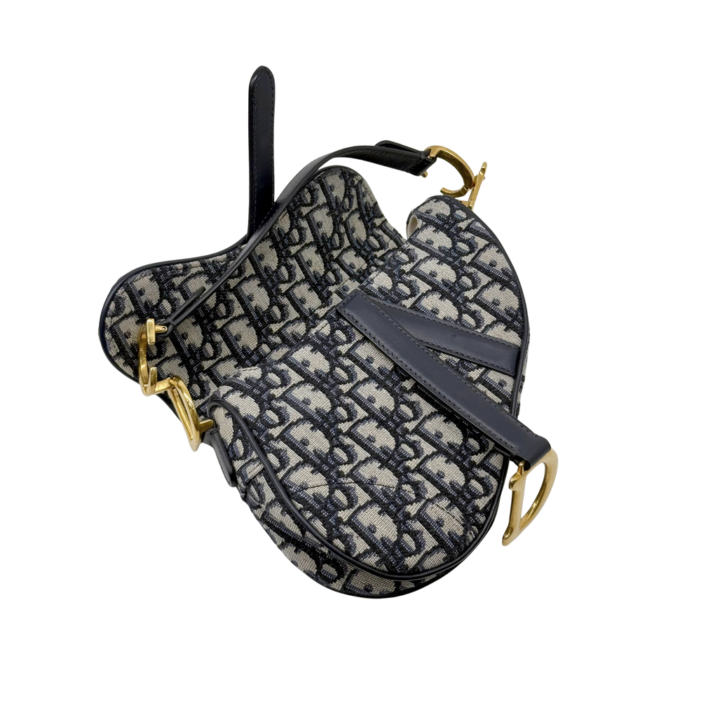 Logo-print mini shoulder bag with navy trim and gold hardware