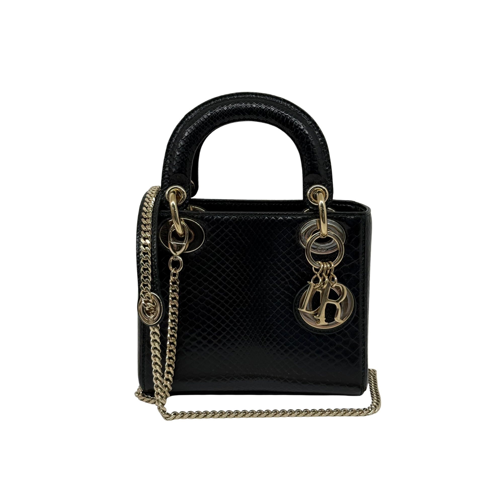 Christian Dior Black Shiny Snakeskin Lady Dior Mini Bag (pre-owned)