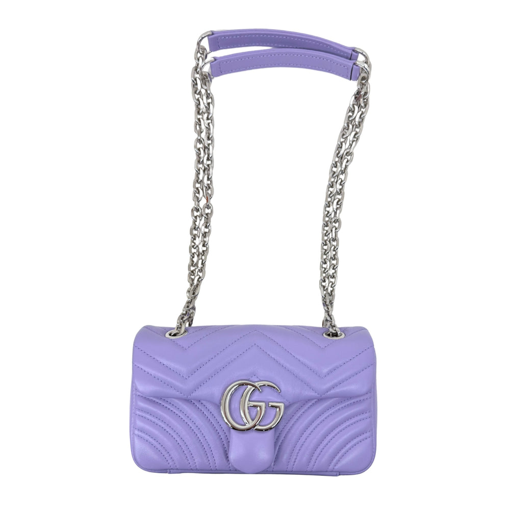Gucci lavender quilted mini shoulder bag with silver chain straps and GG logo clasp