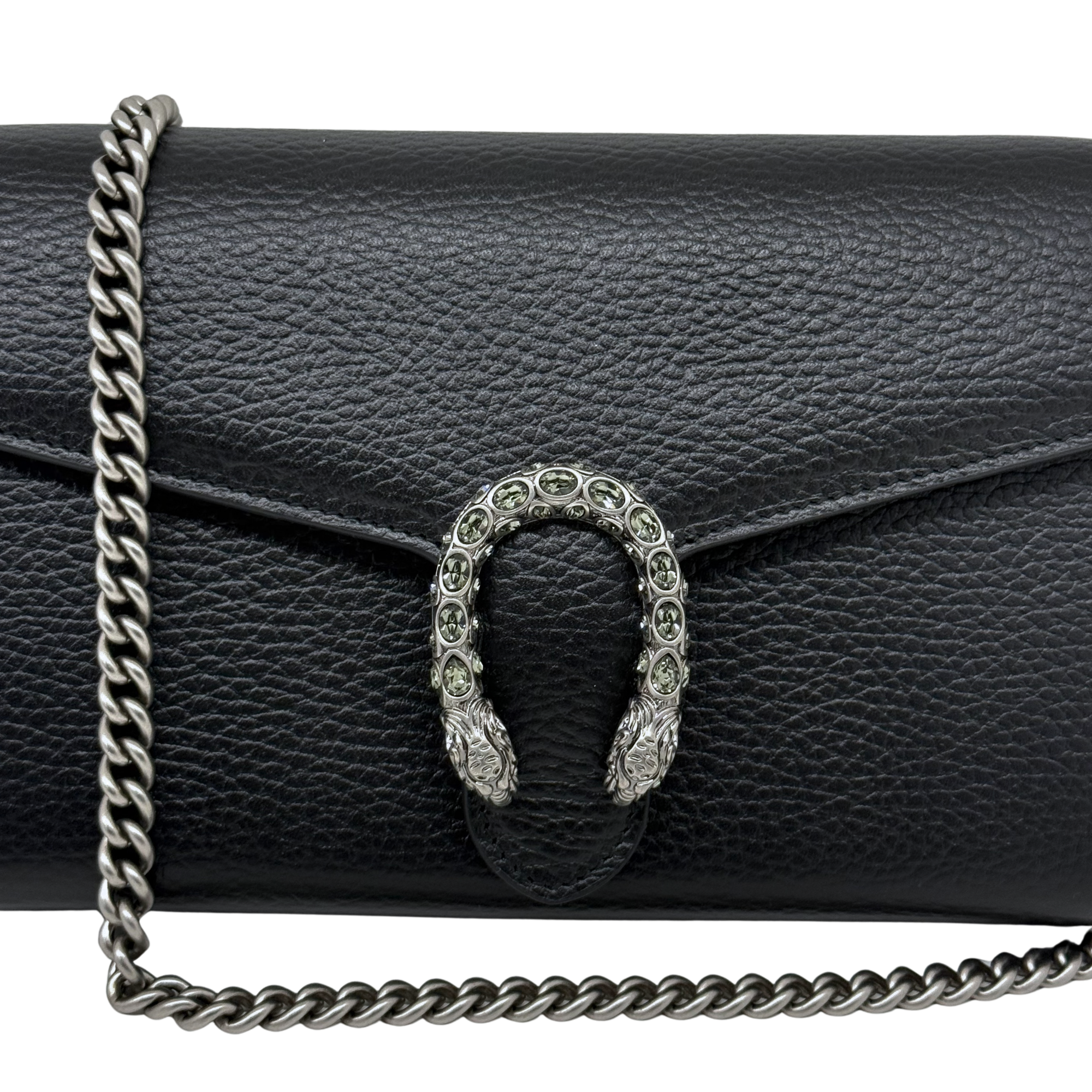 Gucci black leather shoulder bag with jeweled horseshoe front clasp and chain strap