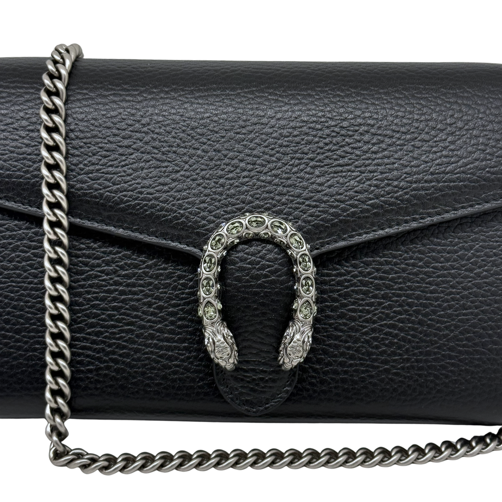 Gucci black leather shoulder bag with jeweled horseshoe front clasp and chain strap