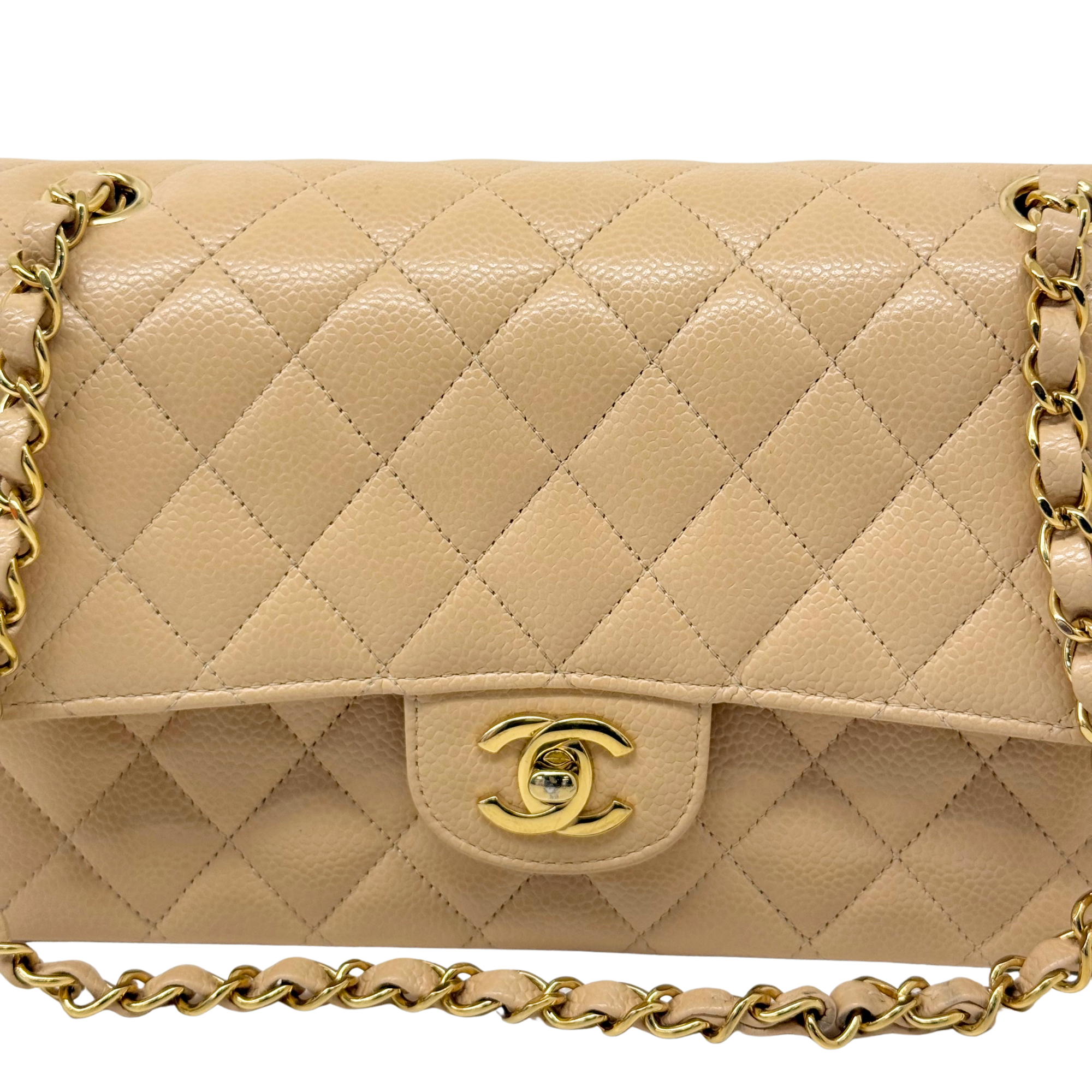 Chanel Beige Quilted Caviar Leather Medium Classic Double Flap Bag microchipped (pre-owned)