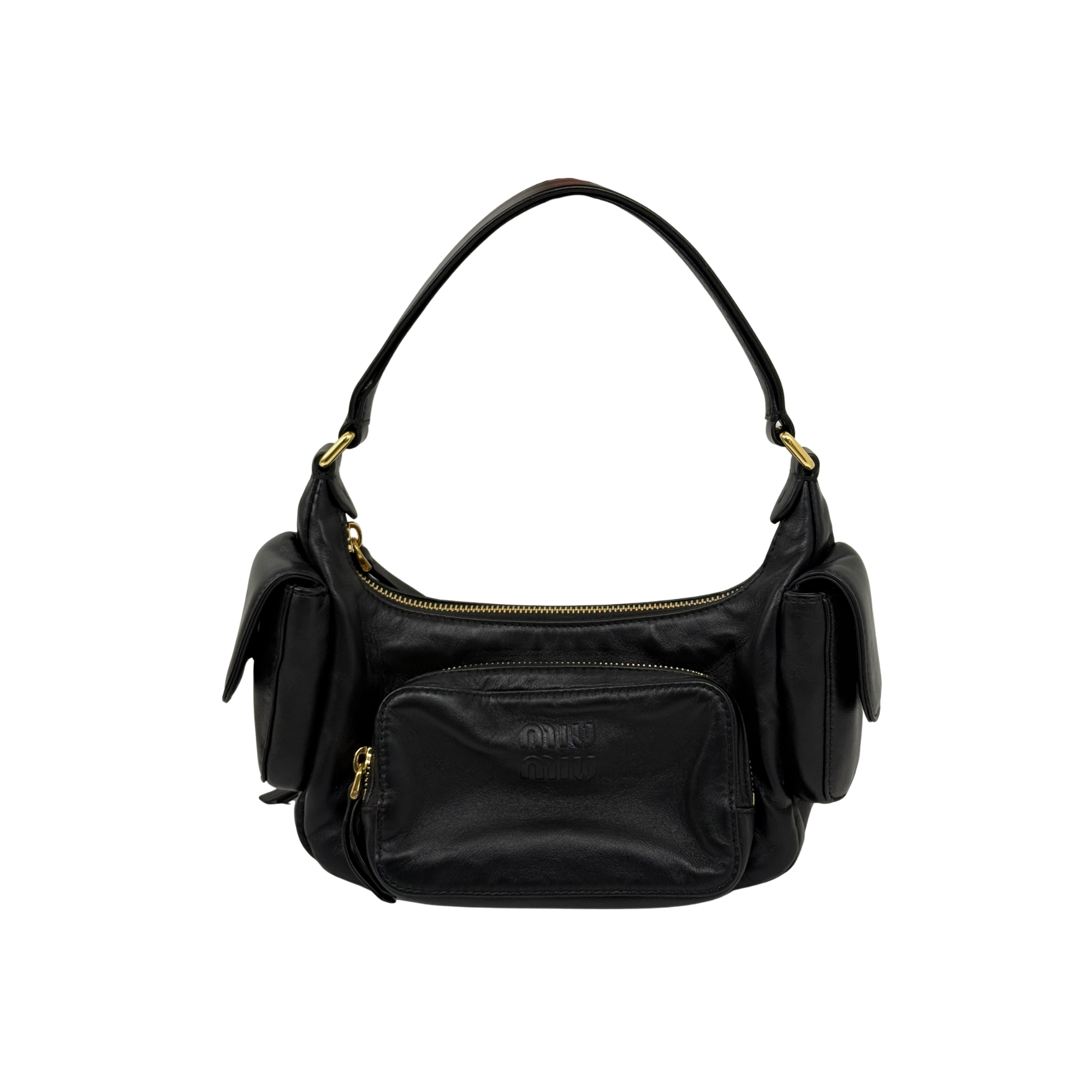 Black leather shoulder bag with gold zipper closure, front pocket, and top handles