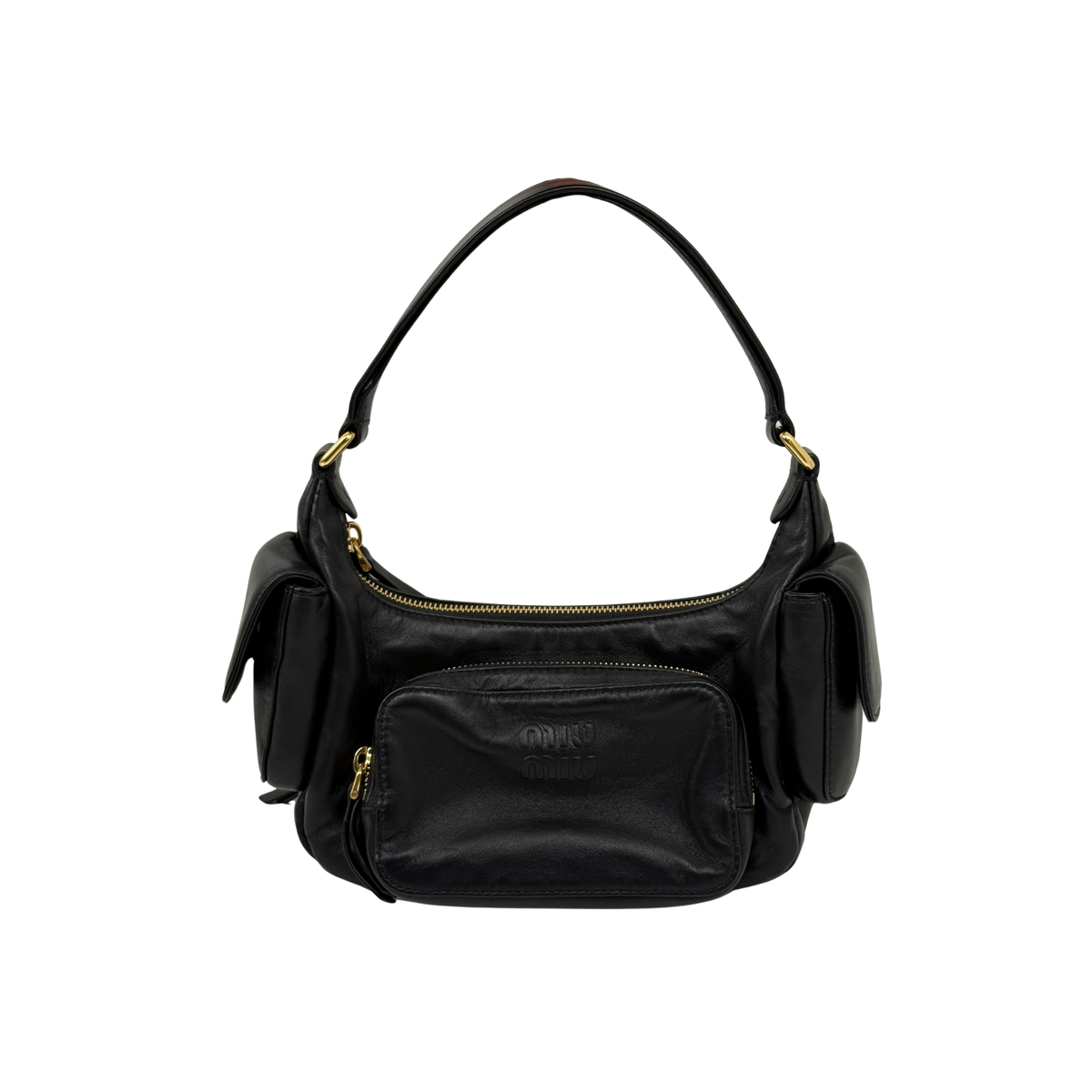 Black leather shoulder bag with gold zipper closure, front pocket, and top handles