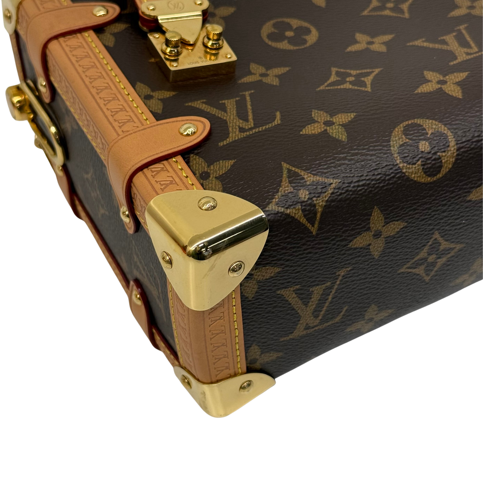 Close-up of monogram crossbody bag corner with gold latch and tan leather trim