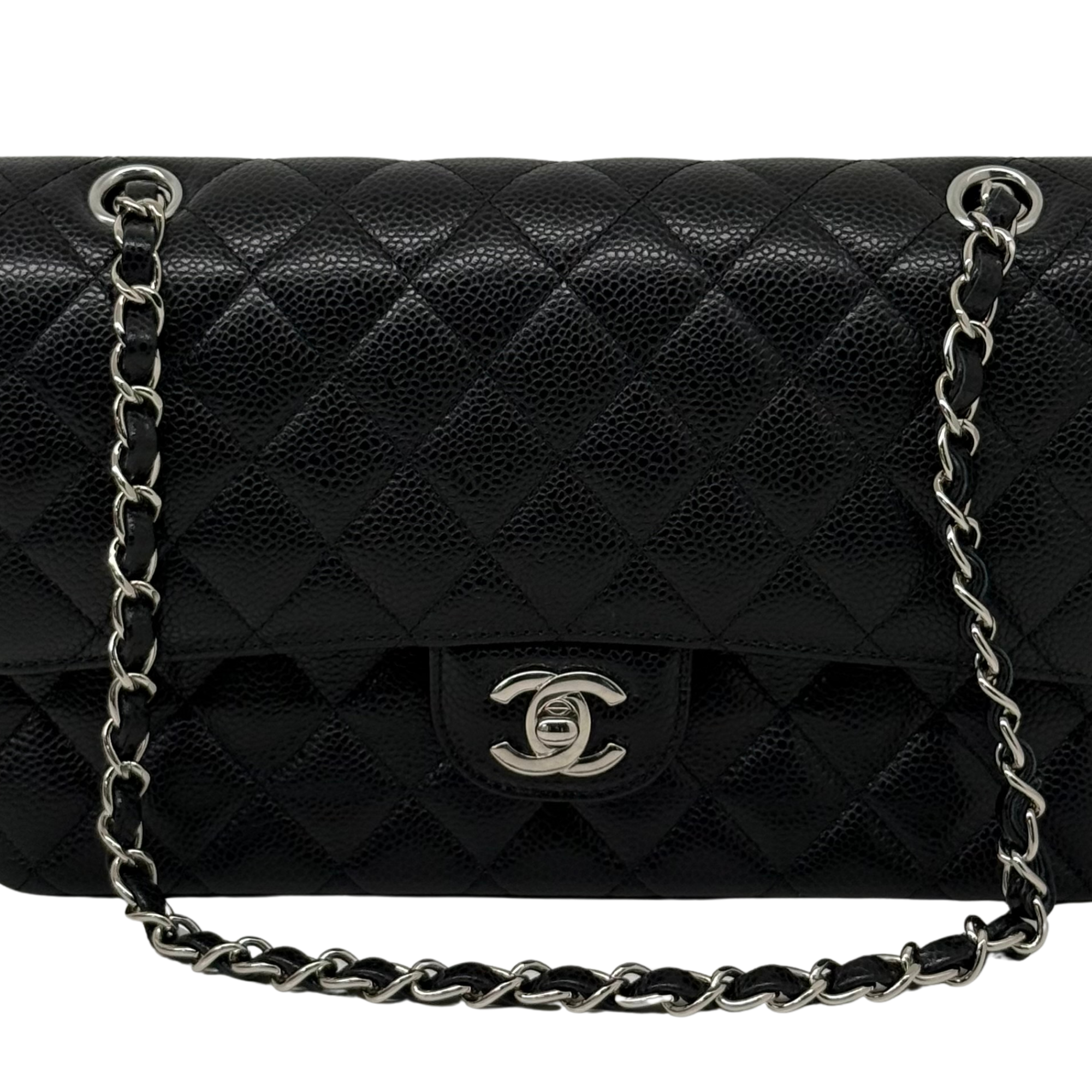 Chanel quilted flap front with logo medallion and two silver-tone chain attachments