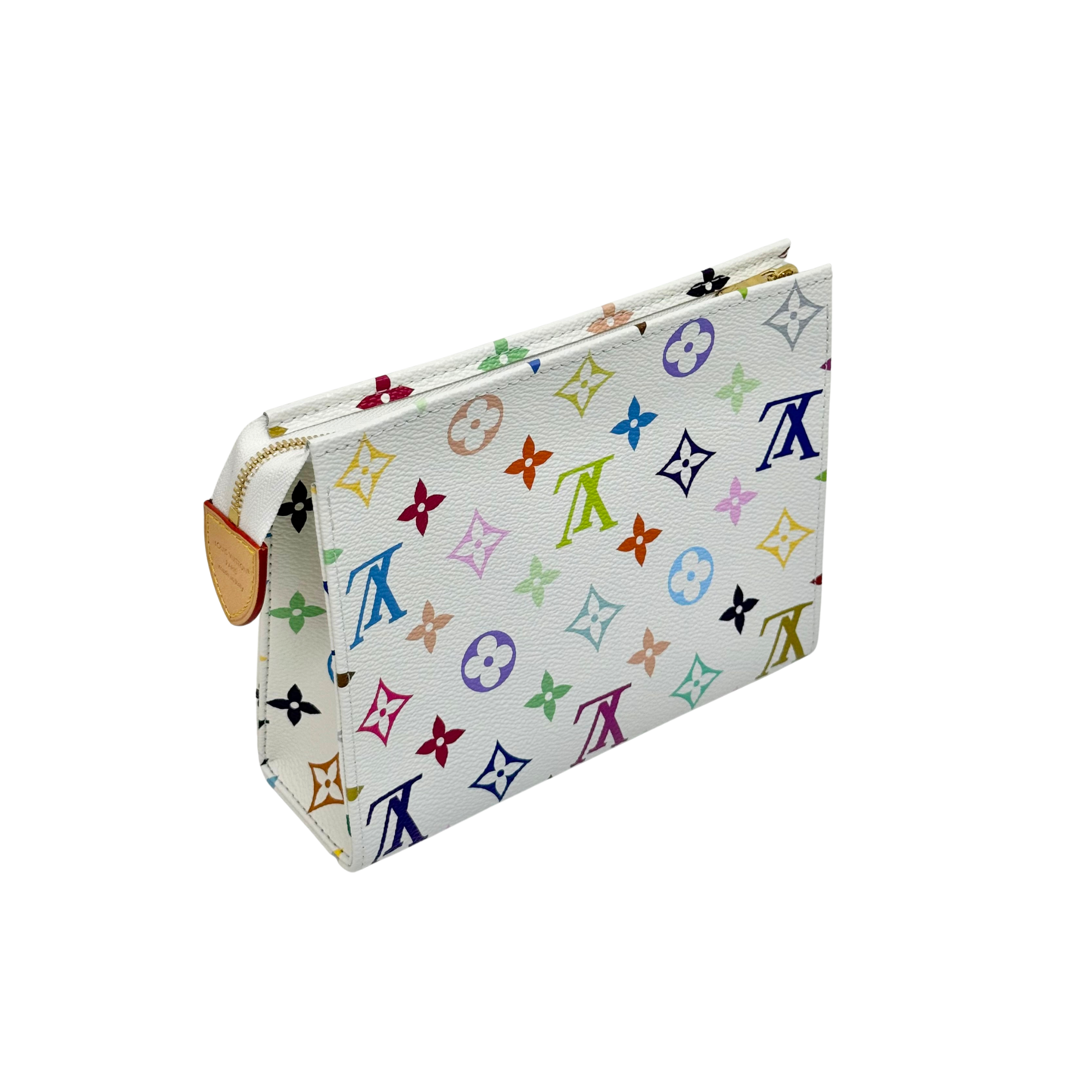 Louis Vuitton pouch side view with multicolor monogram print and brown leather zipper pull