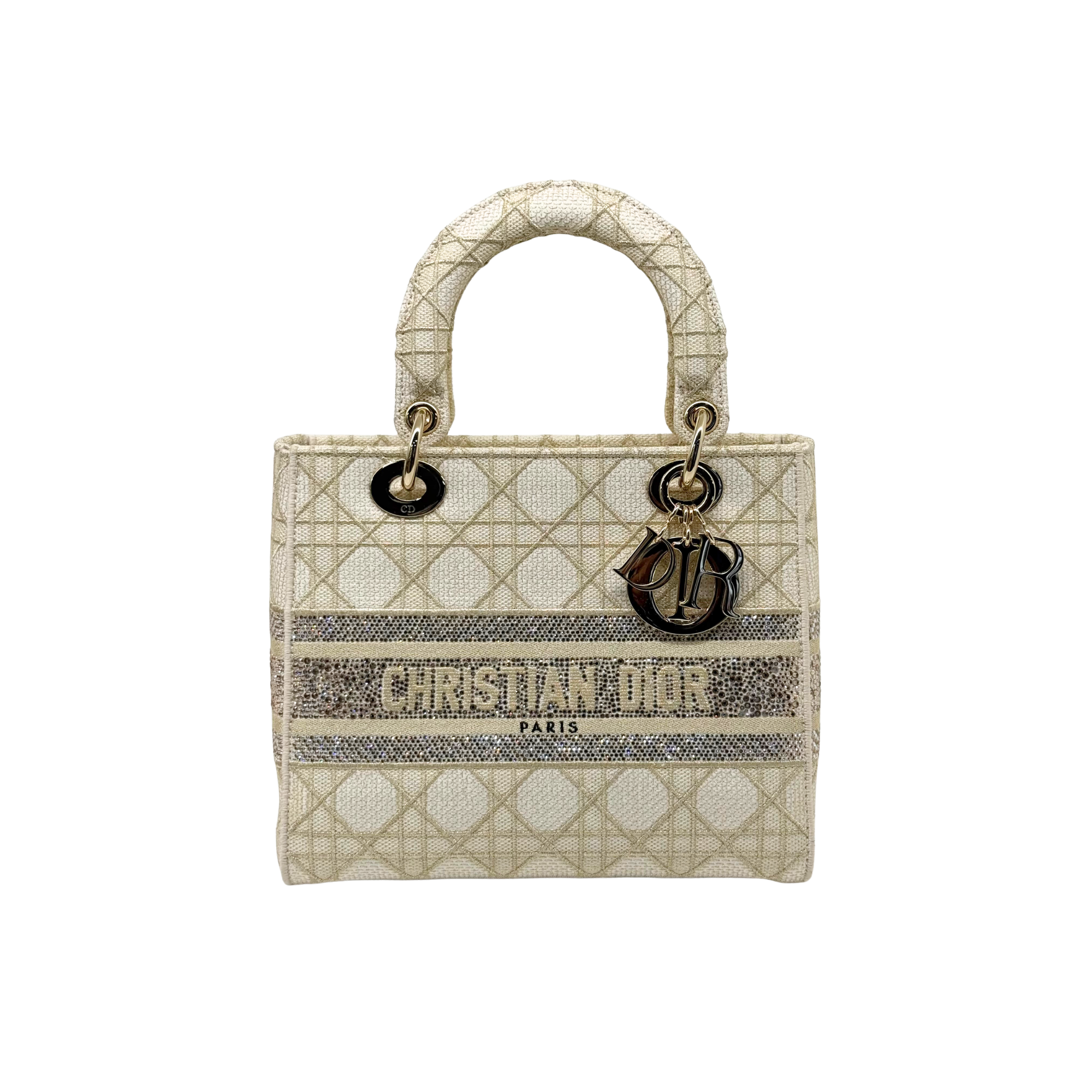 Christian Dior Lady D-Lite beige canvas tote with top handle, logo band and charms