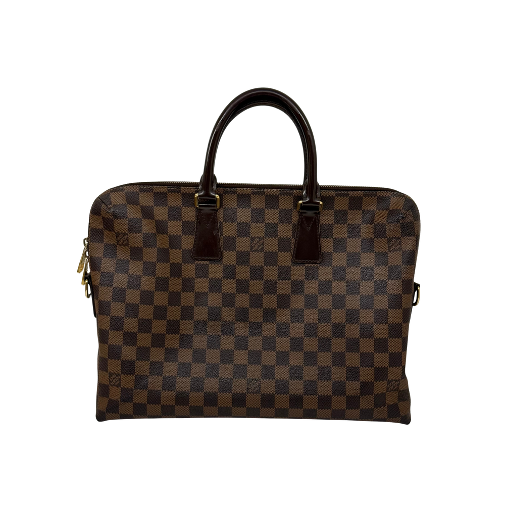 Brown Damier Ebene handbag with leather top handles and side zipper pulls