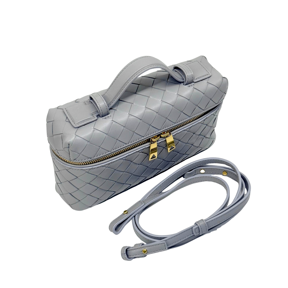 Bottega Veneta gray woven leather zip top bag with short handle and strap, gold hardware.
