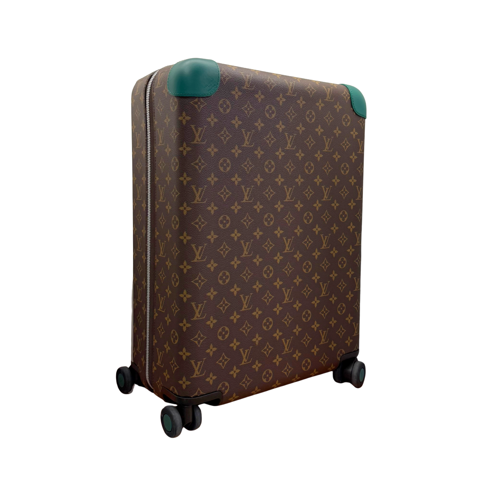 Pre-owned Louis Vuitton trunk suitcase angled view, brown monogram canvas with teal corner accents and wheels