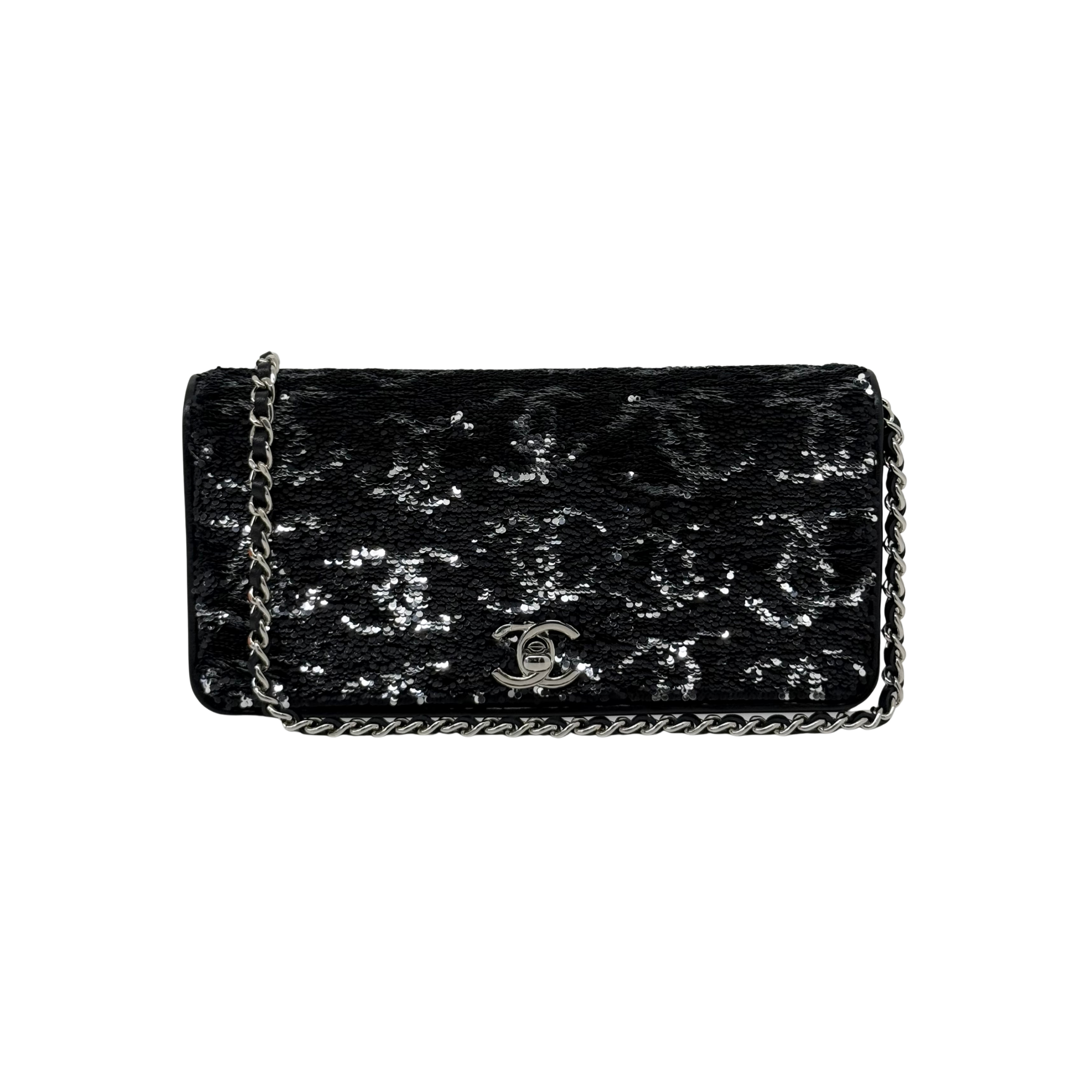 Chanel 23B Black Silver CC Logo Sequin Clutch On Chain Silver Hardware microchipped (pre-owned)