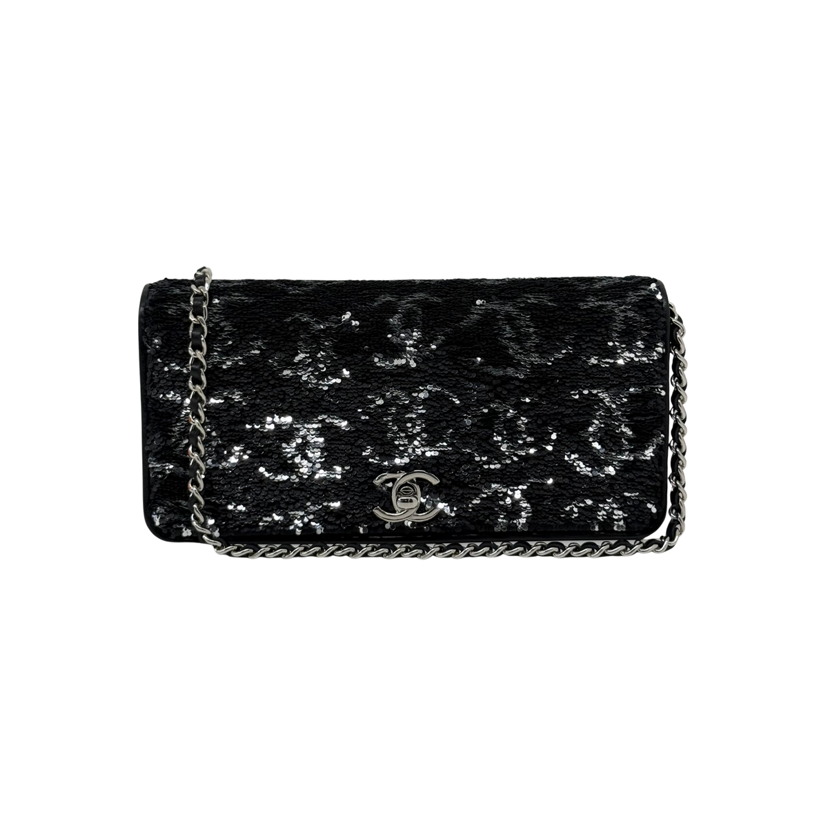 Chanel 23B Black Silver CC Logo Sequin Clutch On Chain Silver Hardware microchipped (pre-owned)