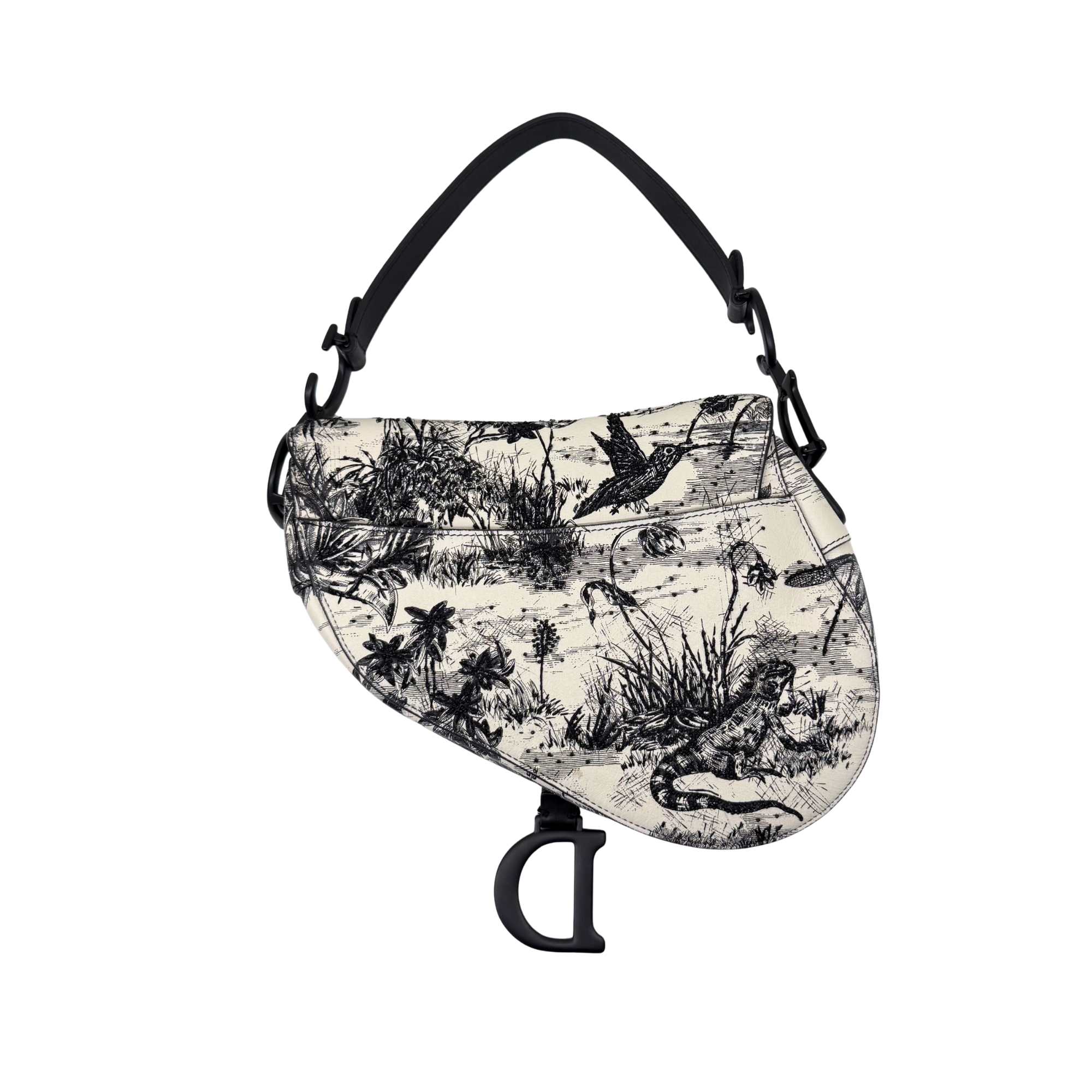 Christian Dior Calfskin Embroidered Palm Tree Toile De Jouy Saddle Bag White Black (pre-owned)