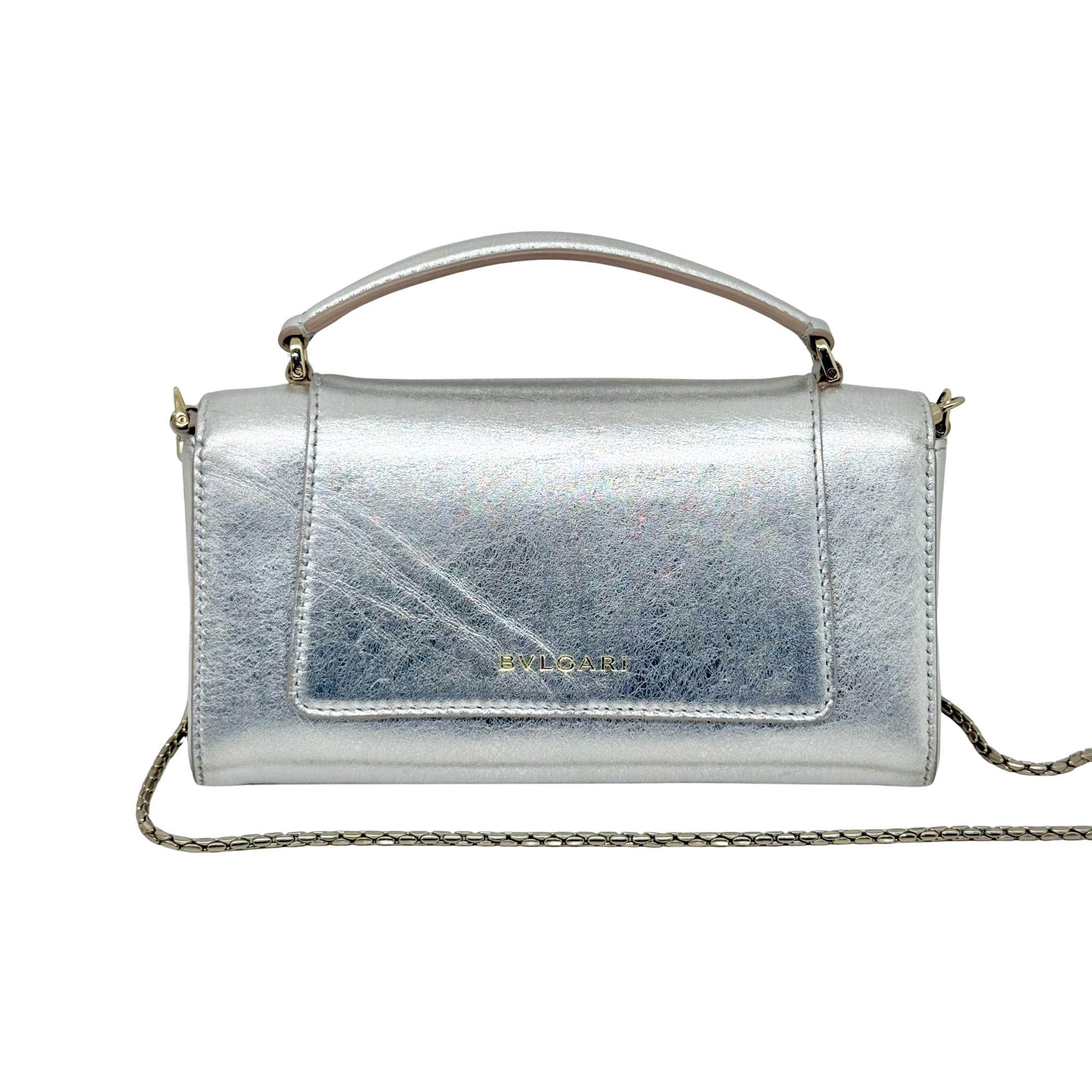 Pre-owned Bulgari silver metallic leather handbag with top handle, gold chain strap, flap front