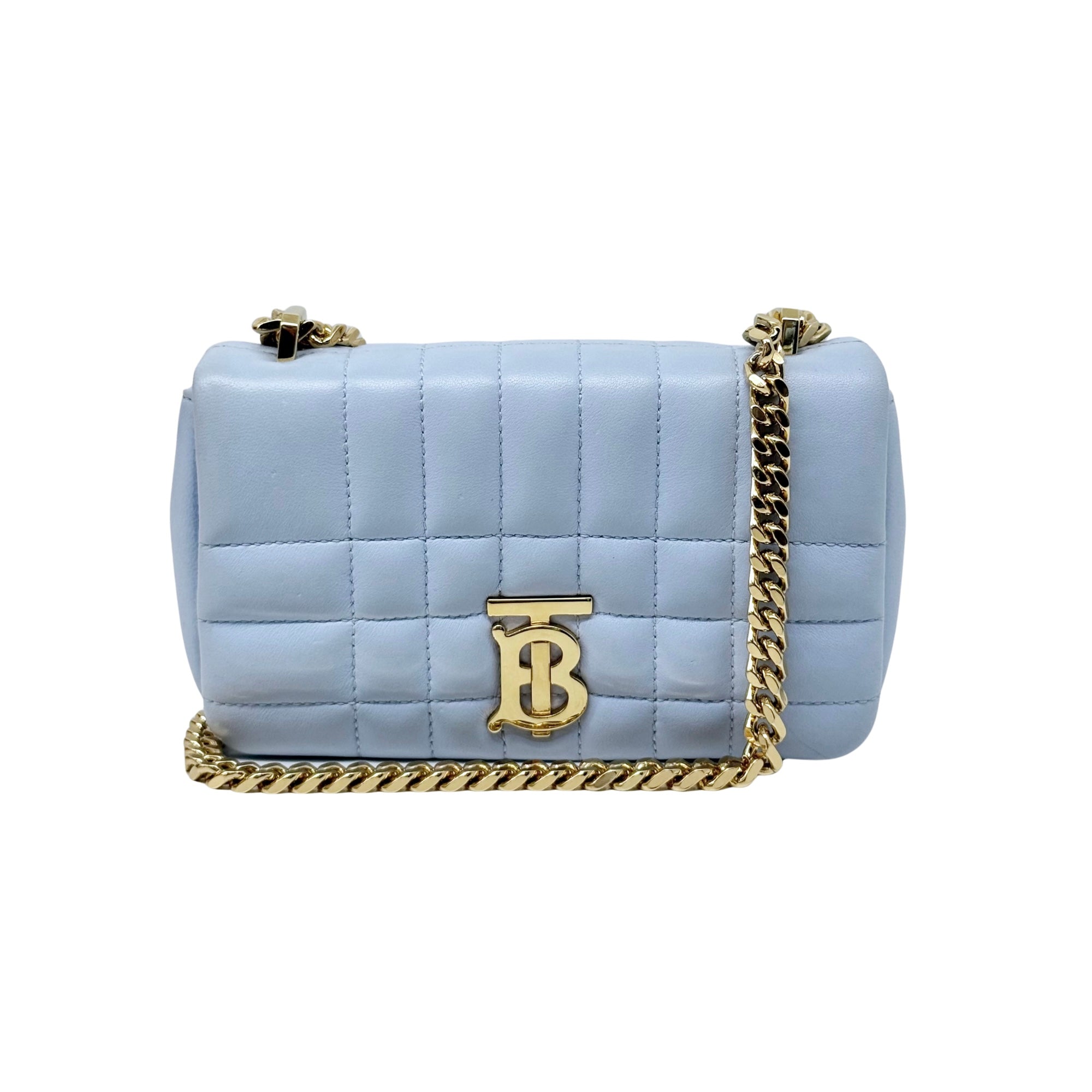 Pre-owned Burberry light blue quilted crossbody bag with gold chain and B logo clasp
