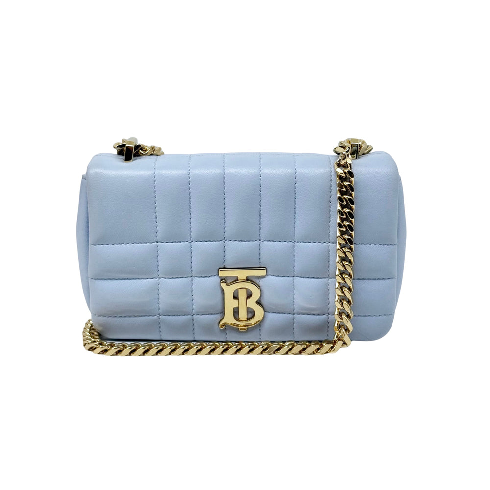Pre-owned Burberry light blue quilted crossbody bag with gold chain and B logo clasp