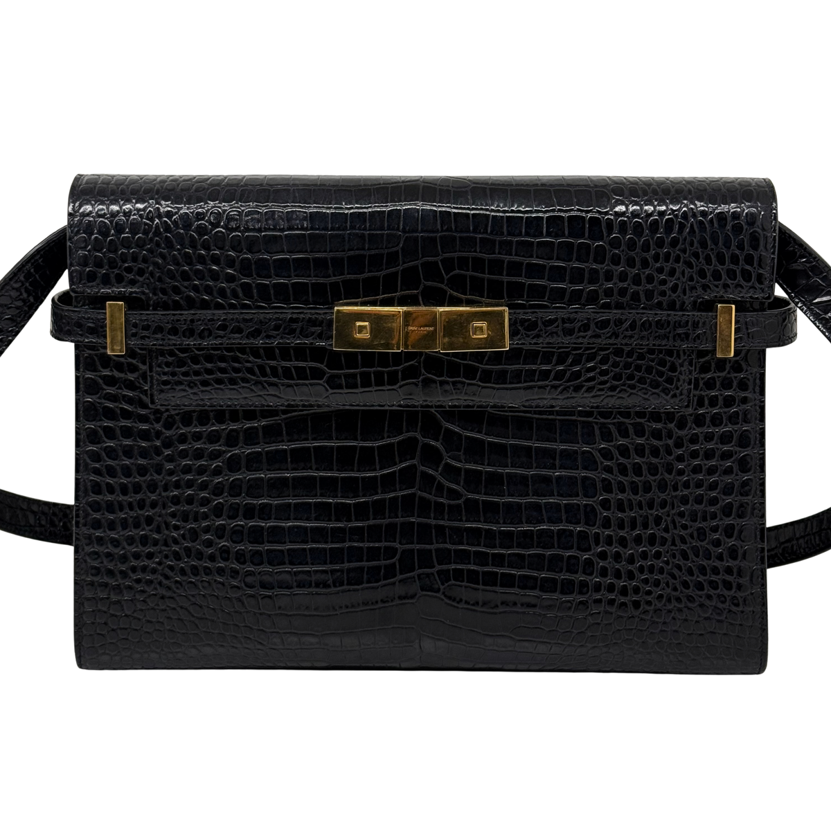 YSL pre-owned black croc-embossed leather flap bag with gold-tone buckle and strap