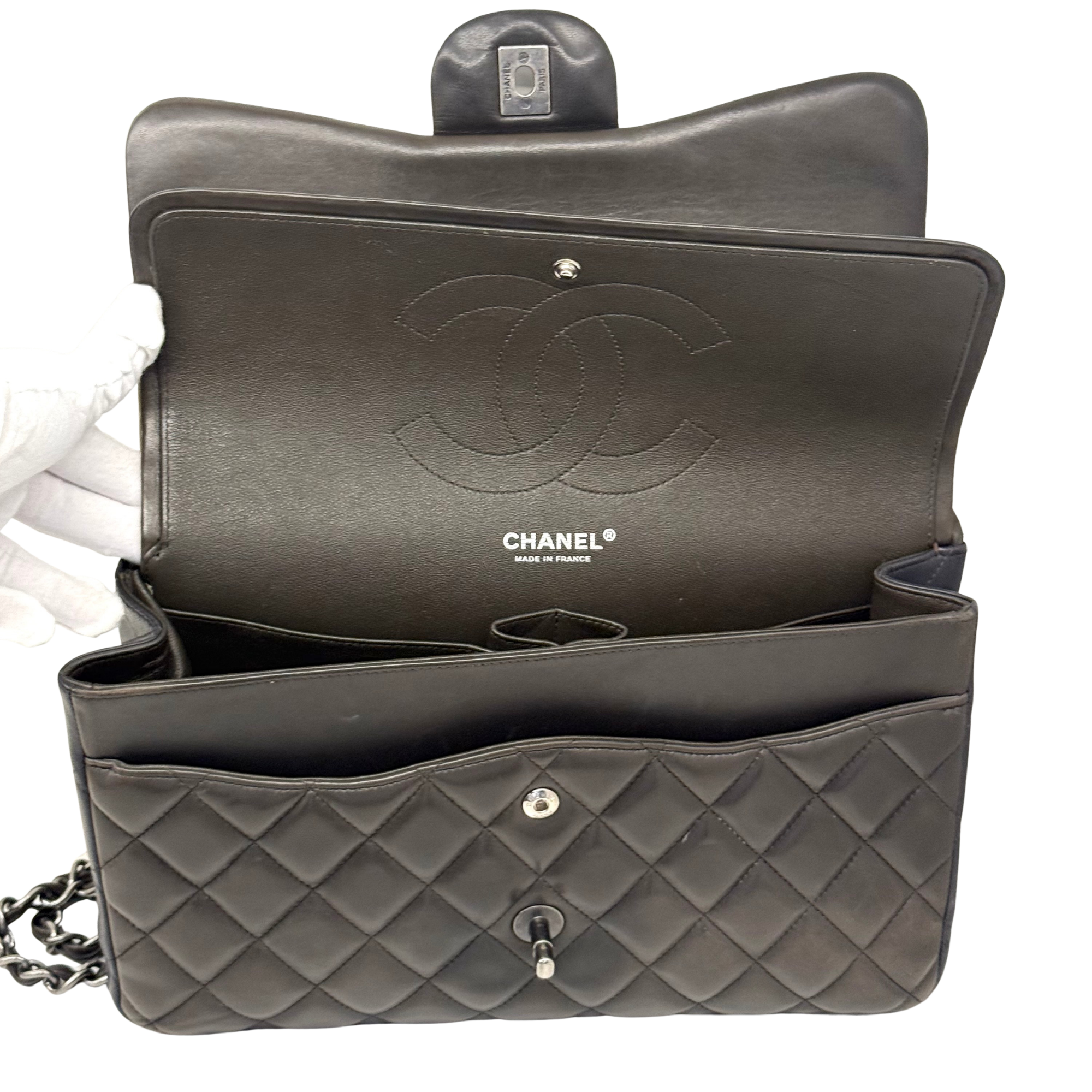 Chanel Paris-Edinburgh Classic Medium Burgundy Brown Black Lambskin Leather Double Flap Bag (pre-owned)