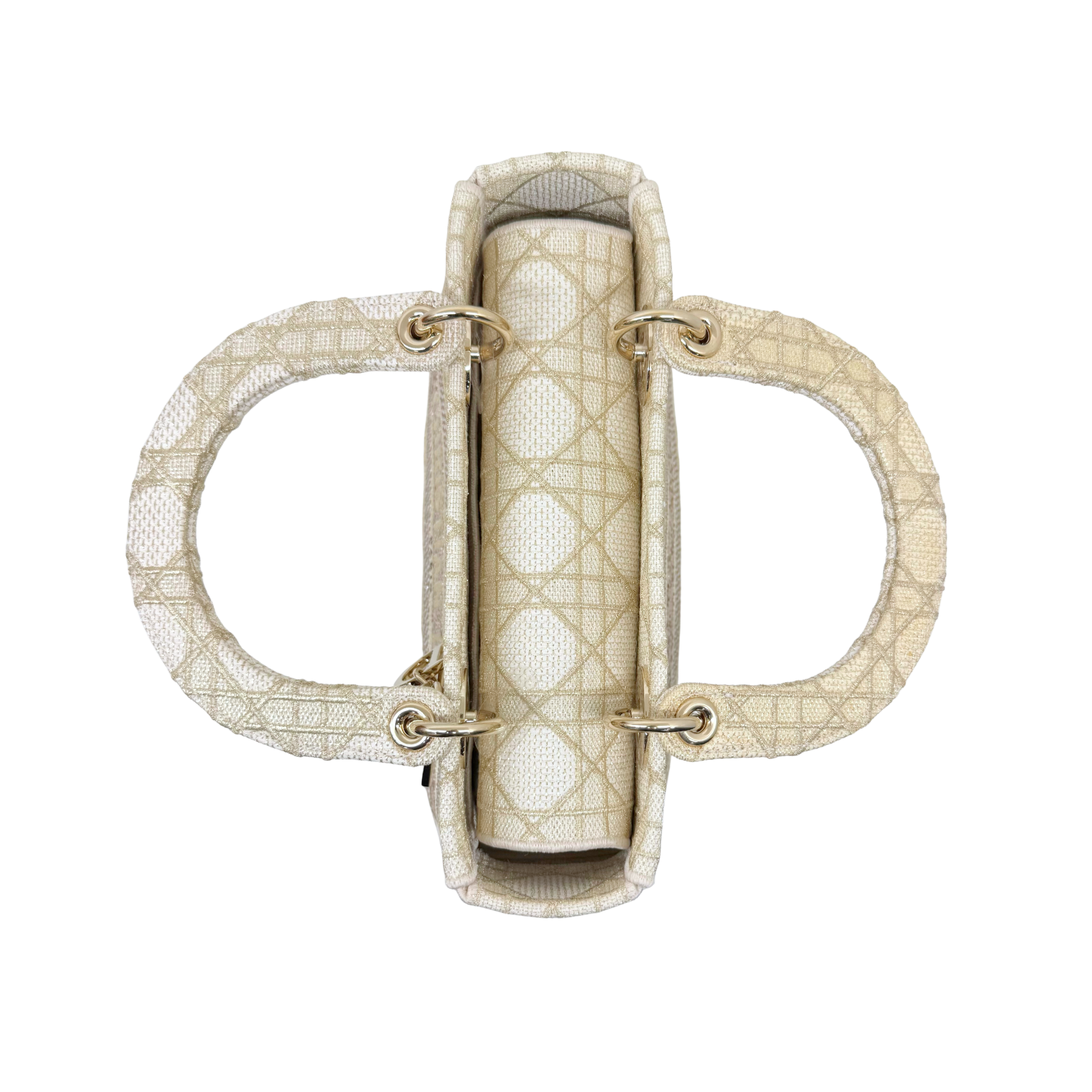 Christian Dior Medium Lady D-Lite bag with top handle, beige embroidered canvas, side view