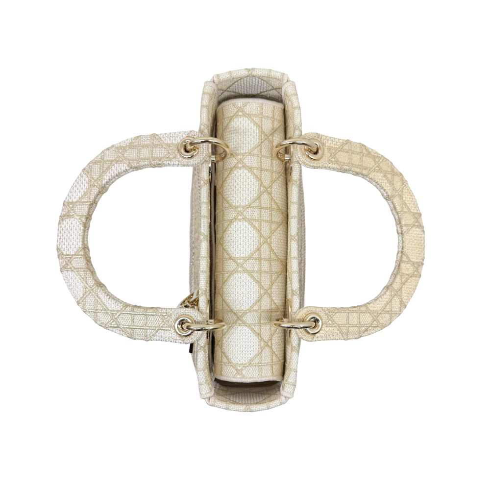 Christian Dior Medium Lady D-Lite bag with top handle, beige embroidered canvas, side view
