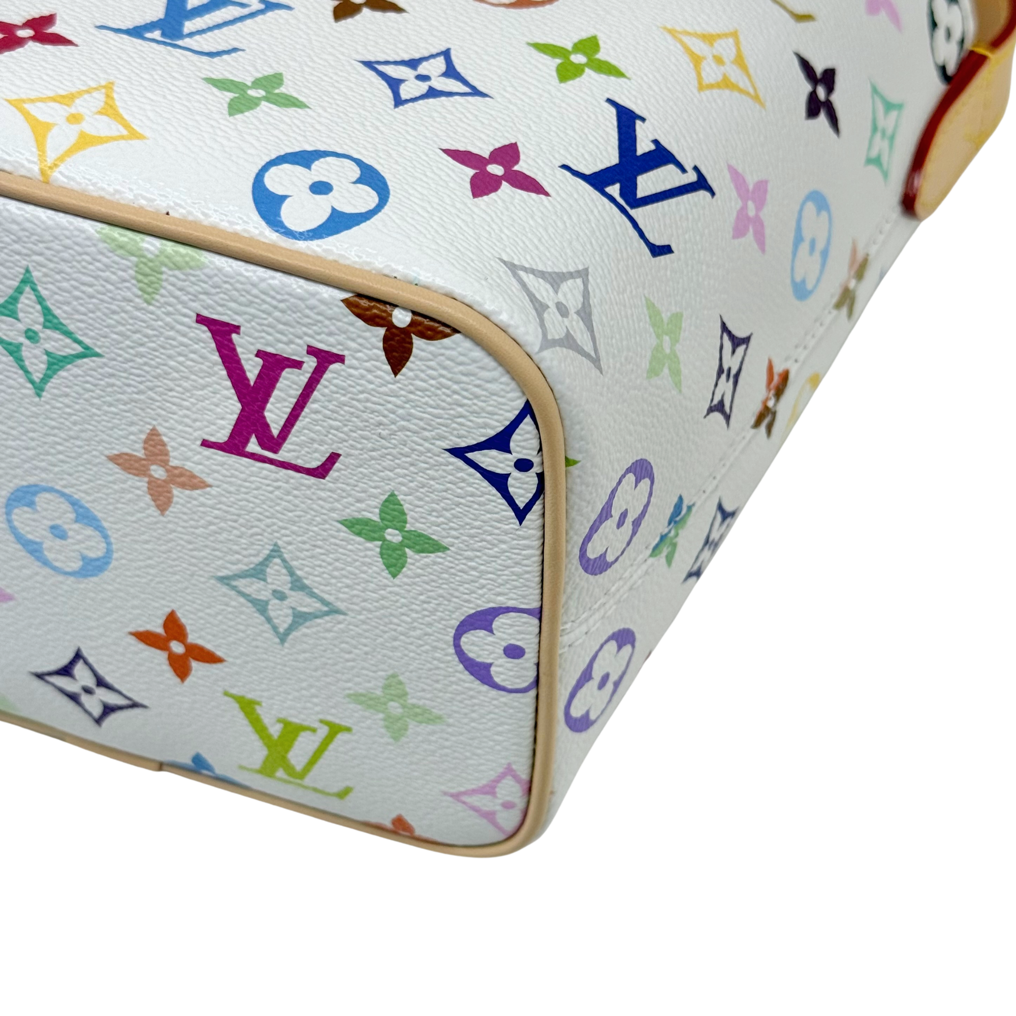 Louis Vuitton multicolor monogram mini bag corner with tan piping and gold trim