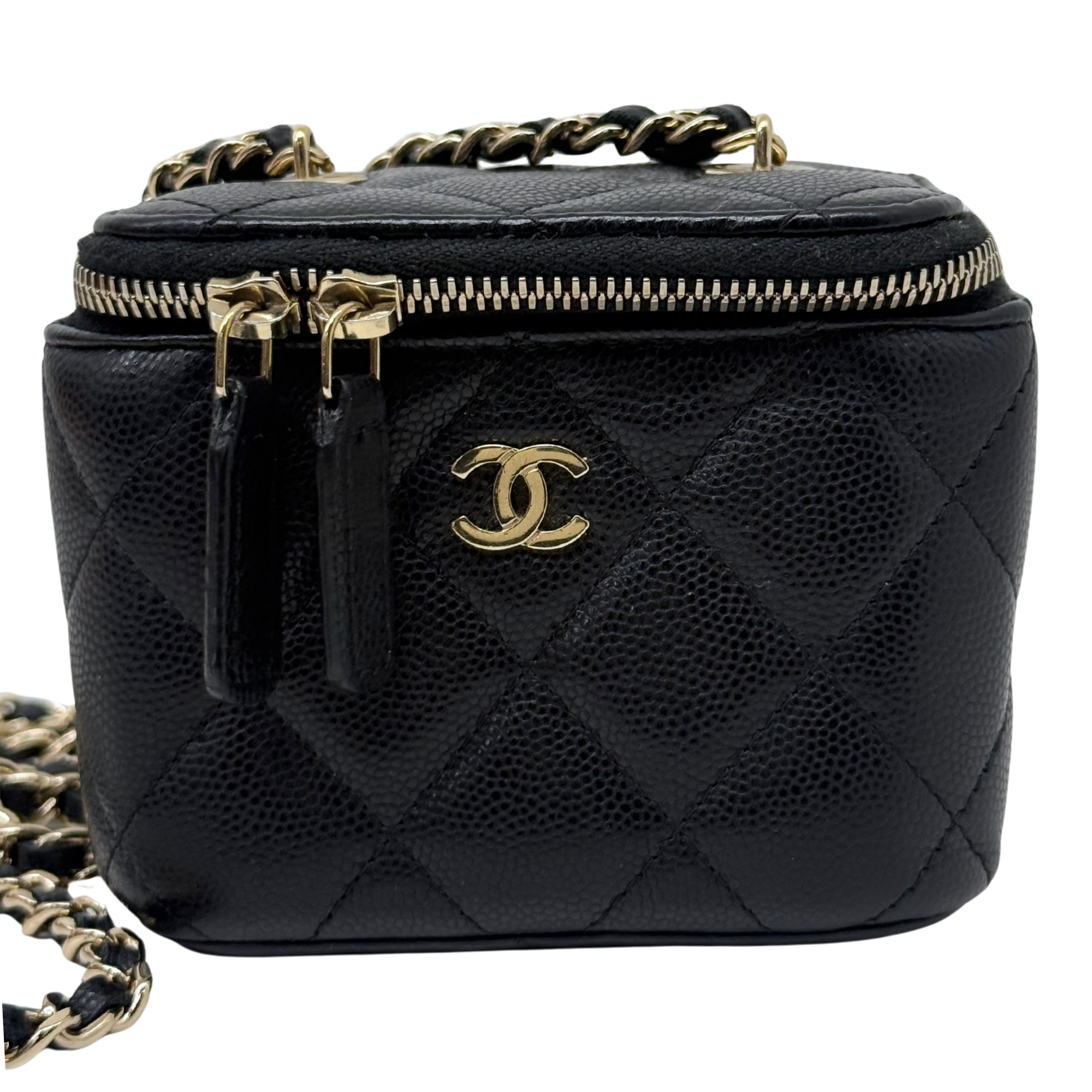 Chanel pre-owned quilted black leather crossbody bag with gold zip and chain strap