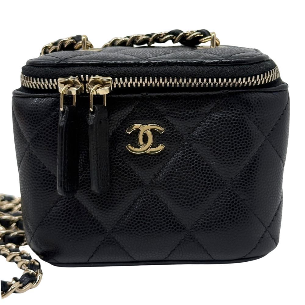 Chanel pre-owned quilted black leather crossbody bag with gold zip and chain strap