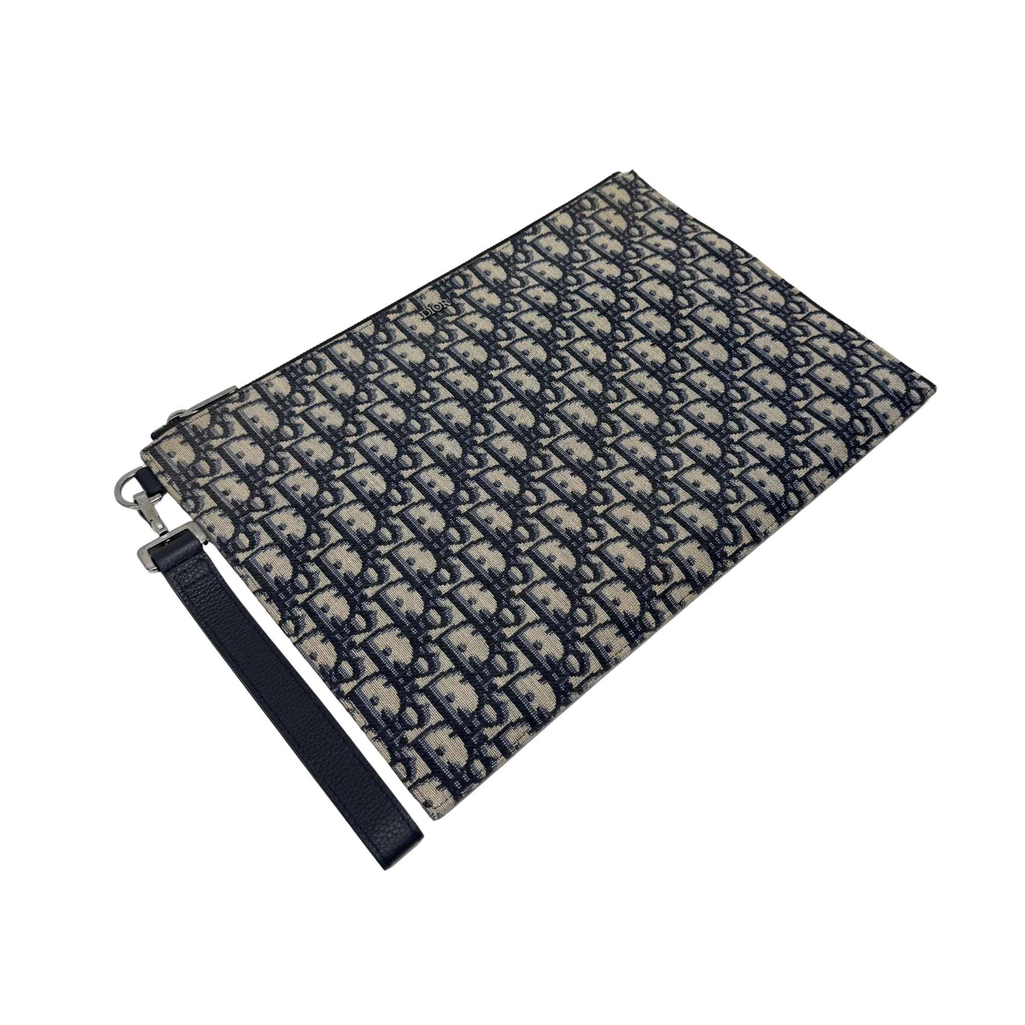 Dior pre-owned oblique canvas pouch with black wrist strap and zip-top closure